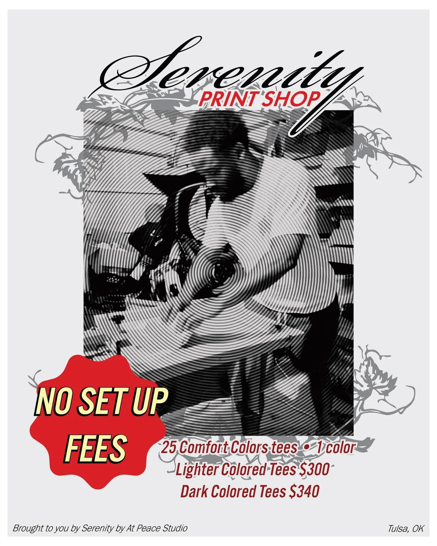 We&rsquo;re running a special right now! 
25 Comfort Colors tees, 1 color print, no setup fees.
Light garments $300, dark garments $340.

Perfect for brands, events, small businesses, or anyone trying to bring an idea to life without breaking the bud