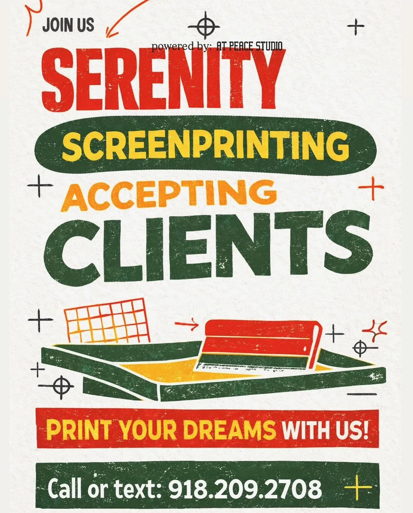 Now accepting clients. 
You bring the idea, we print it.
Tees, hoodies, tote bags, and more.
Small runs welcome.
Call or text 918.209.2708
Email or DM! 

#SerenityByAPS #Screenprinting