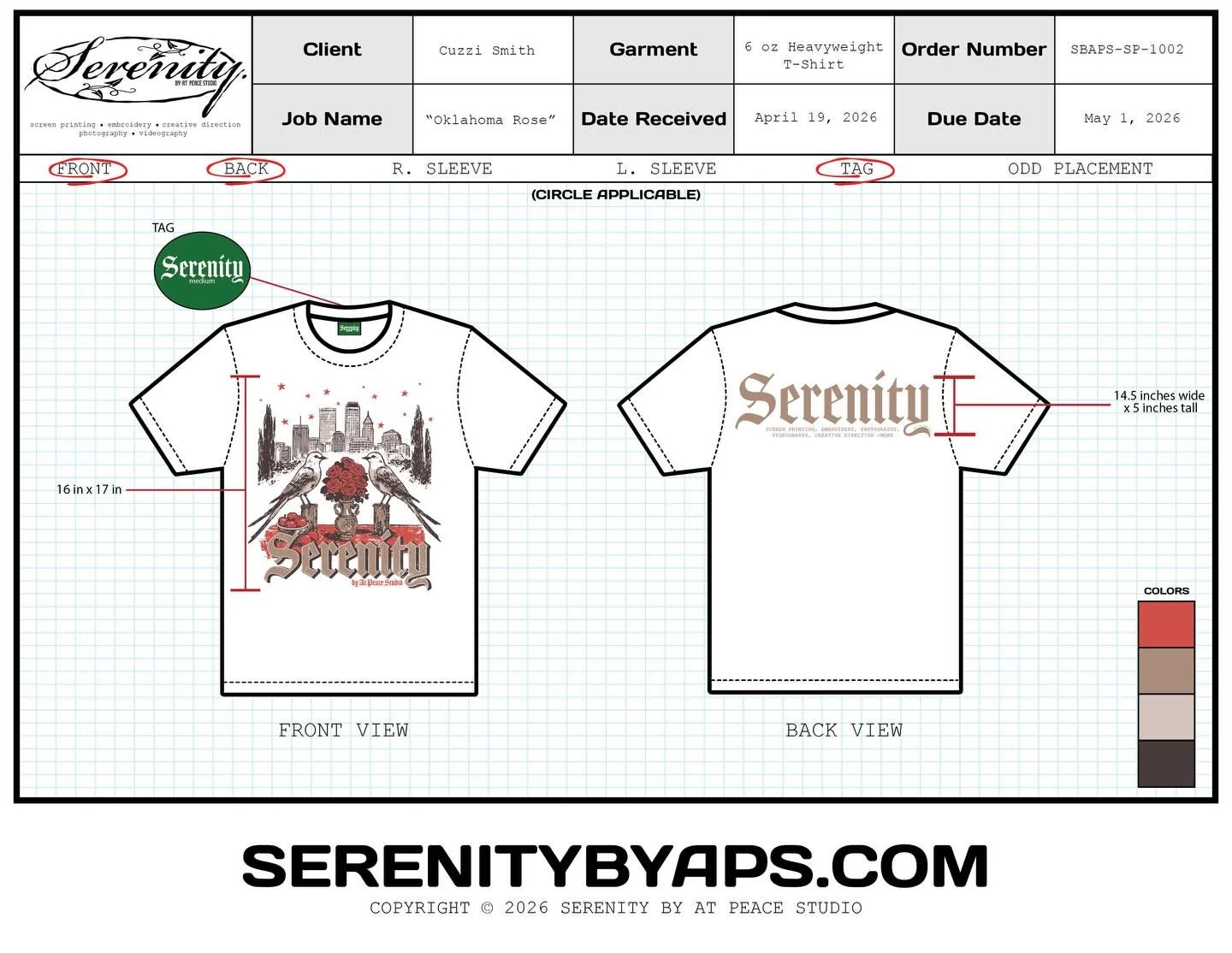 Serenity &ldquo;Oklahoma Rose&rdquo; Tees / Friday, May 1st

Only available at Serenitybyaps.com 

Limited Availability.