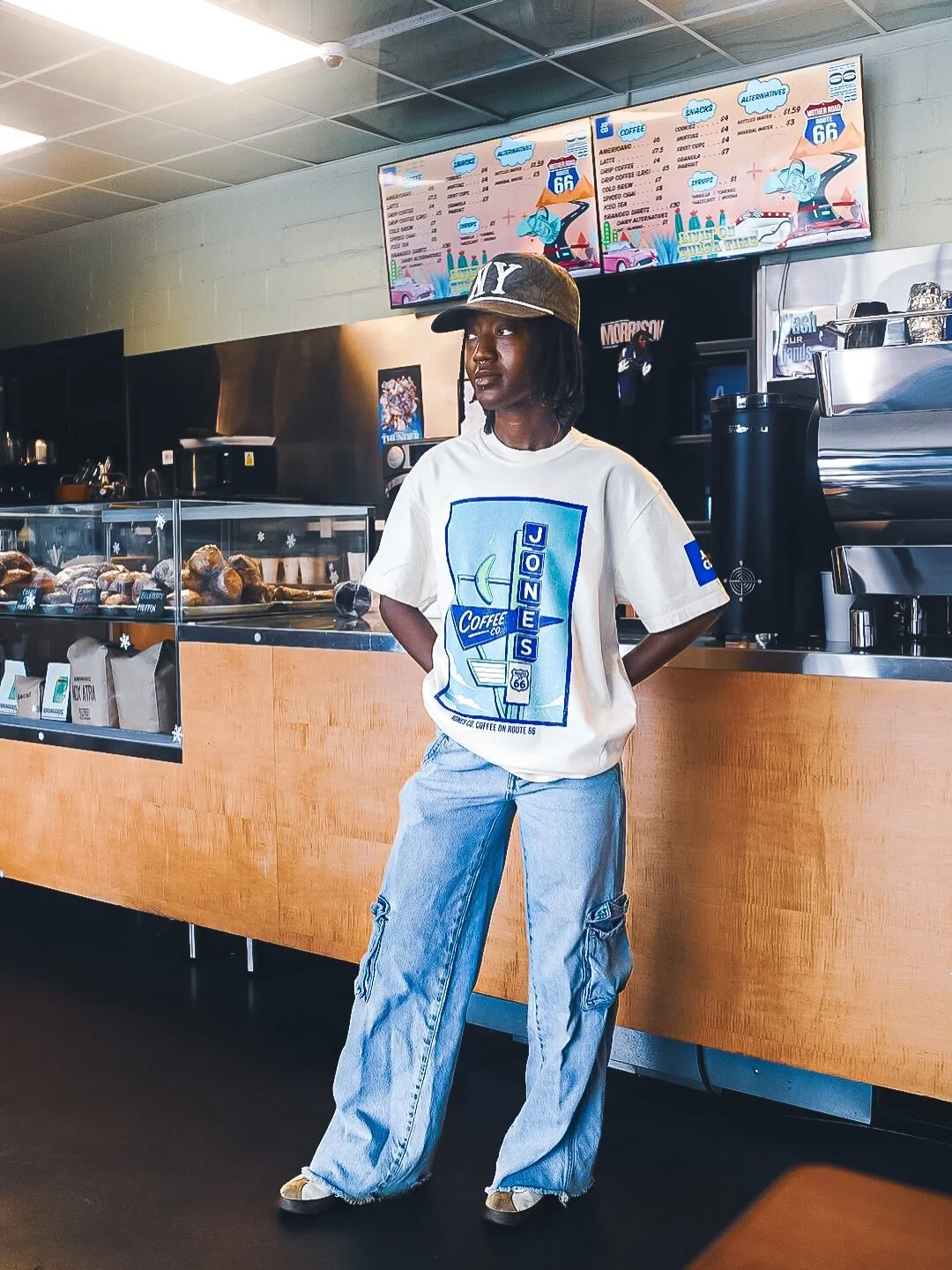 New Route 66 Centennial tees available now at @jonescocoffee918 

Designed &amp; screen printed by us at @serenitybyaps.

Pulled off this quick impromptu shoot in about 4 minutes before opening this morning.

Need merch, screen printing, branding, or
