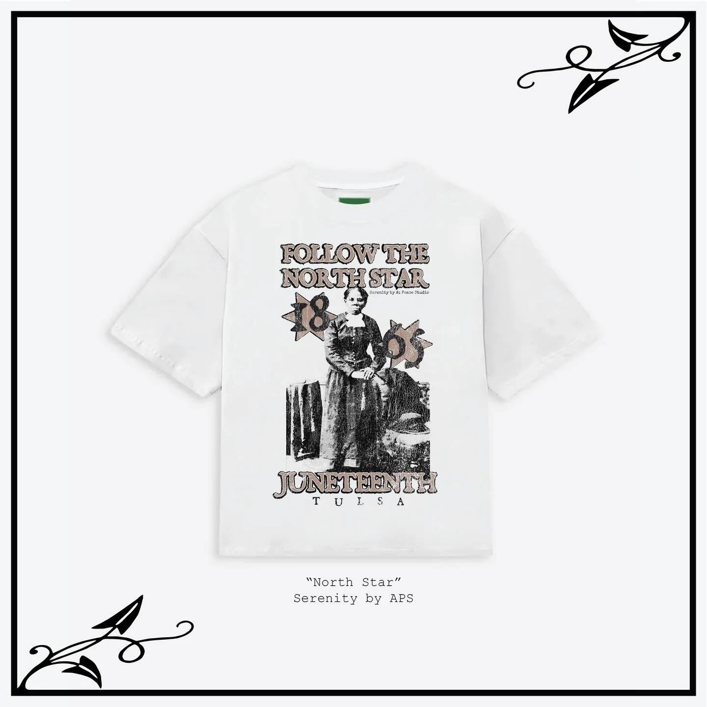 Our Juneteenth release honors the legacy of Harriet Tubman, a symbol of courage, freedom, and guidance through darkness. Featuring 1865 on the front and the Tulsa star on the back, this tee represents history, resilience, and community. &ldquo;North&