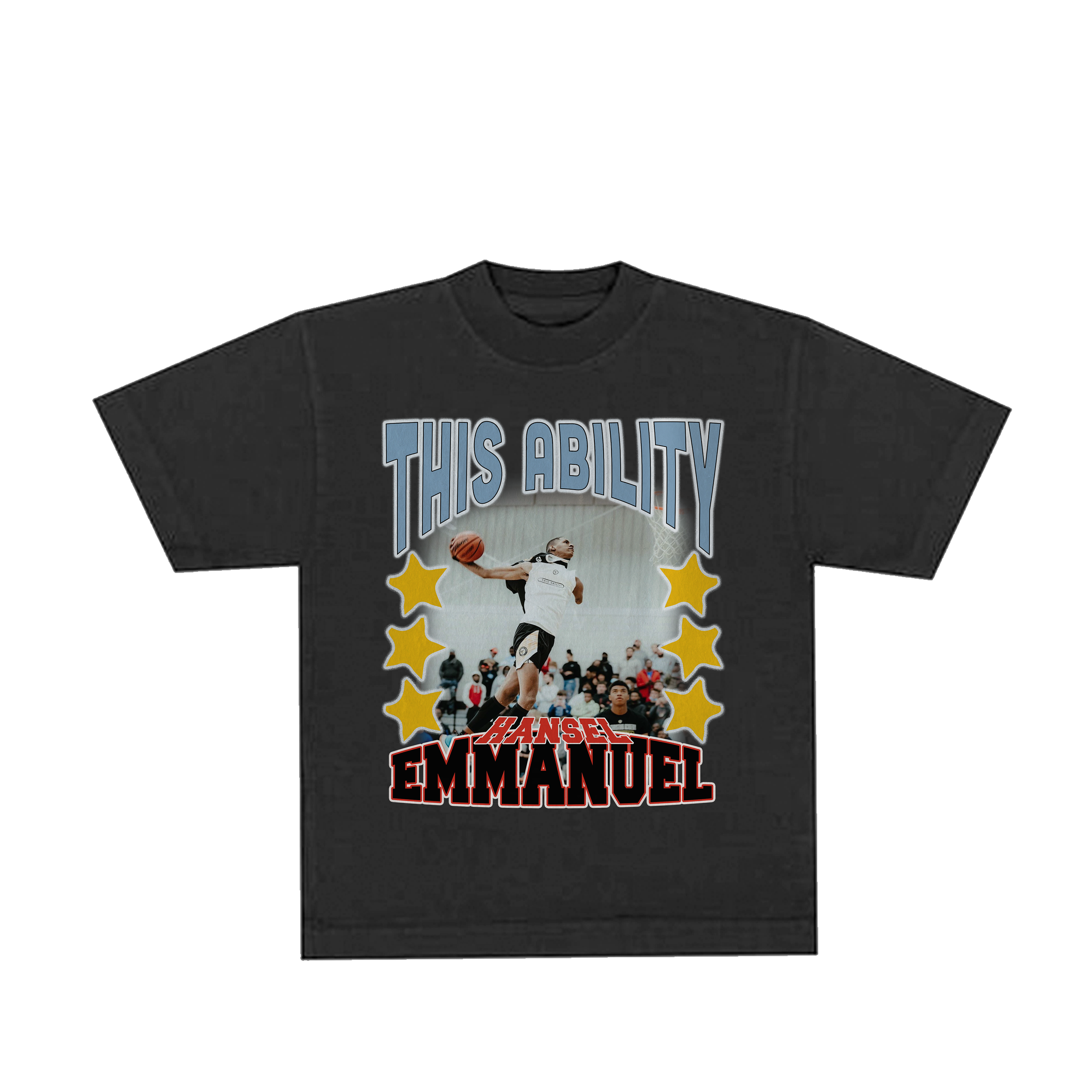 Black T-shirt with a basketball player jumping for a shot and text "This Ability" at the top, five yellow stars on each side, and "Hansel Emmanuel" in red and black at the bottom.