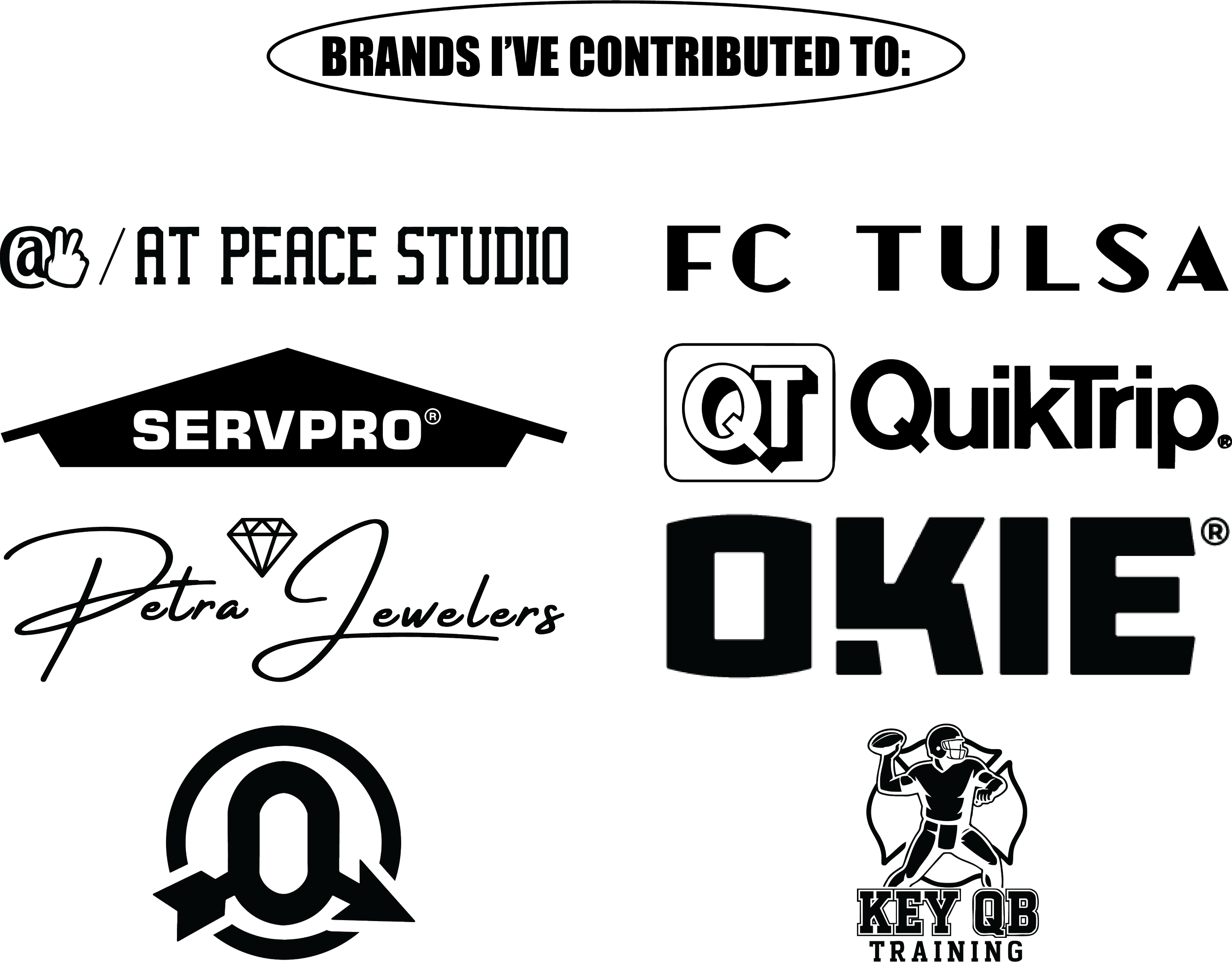 Collection of logos and text indicating contributions to various brands and organizations, including @/At Peace Studio, FC Tulsa, @QT QuikTrip, SERVPRO, Petra Jewelers, OKIE, and Key OB Training, with icons such as a diamond, rainbow, and a figure holding a microphone.
