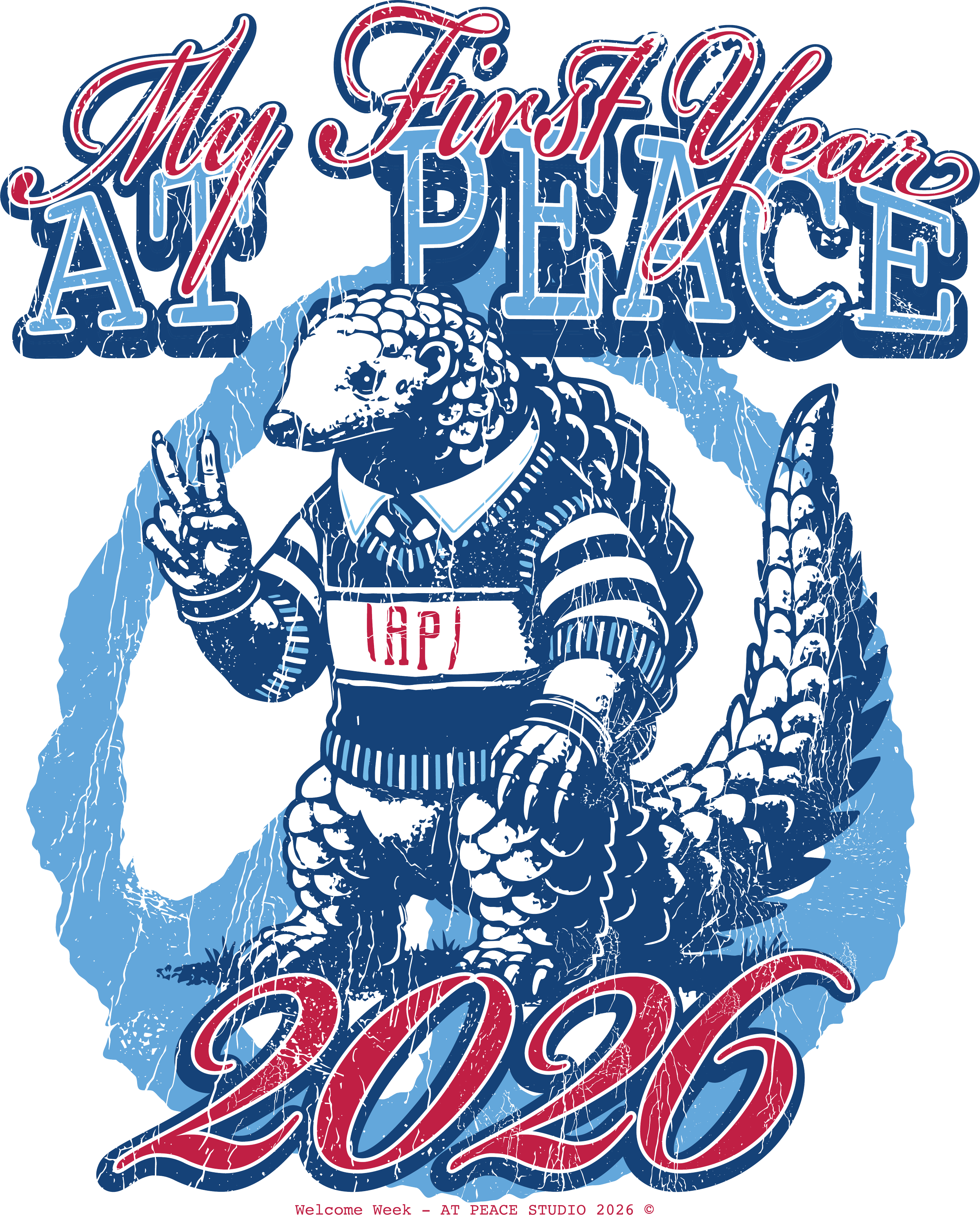 A graphic design featuring a turkey wearing a sweater with the word "TAP" on it, making a peace sign with one hand. The text "My First Year Peace 2026" is written above and below the turkey in stylized fonts. The background is black.