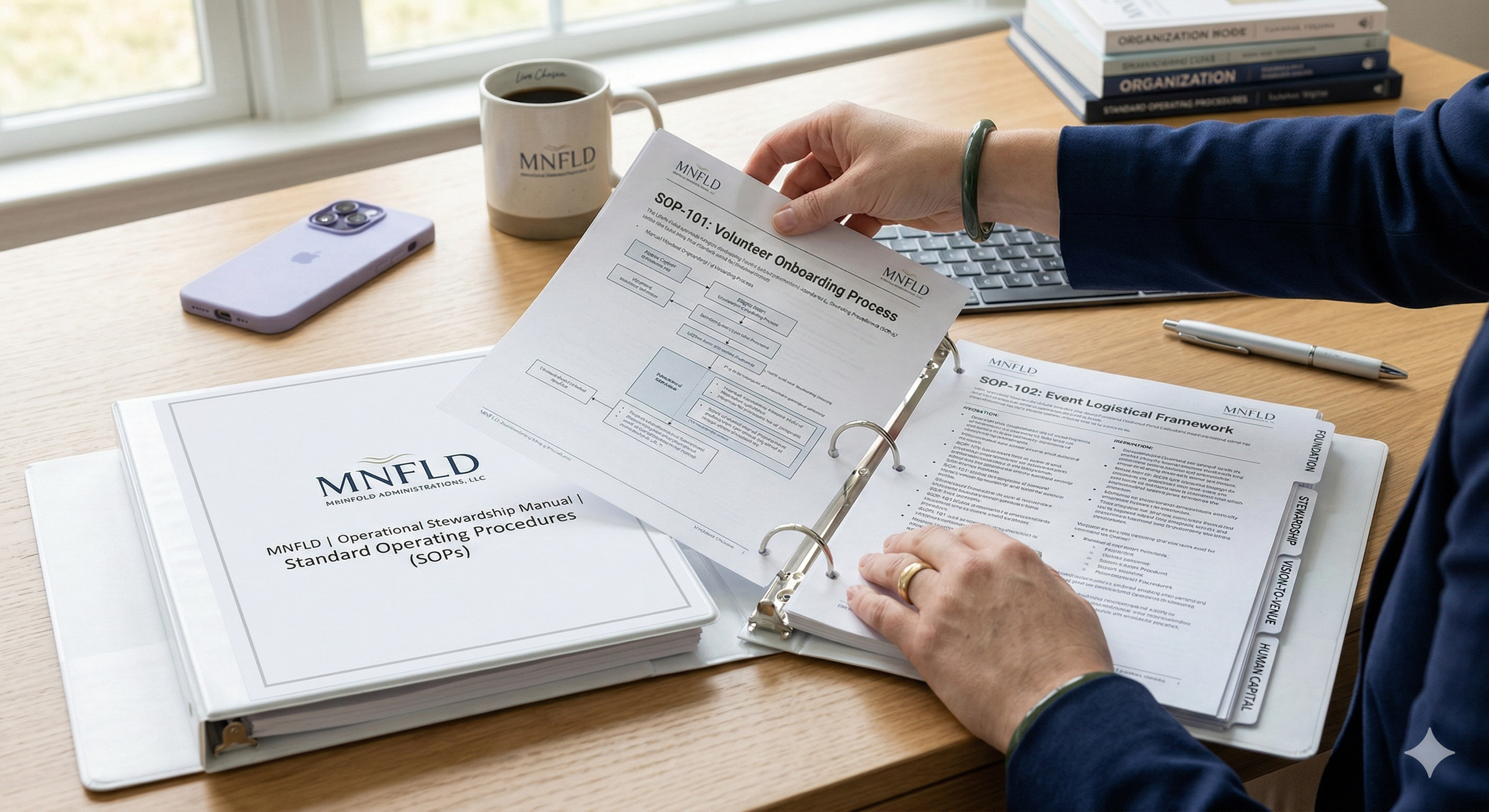 Person reviewing documents on a desk, with a binder labeled 'MNFLD Operational Stewardship Manual' and a printed SOP on volunteer onboarding process. There is a smartphone, a mug, and a stack of books in the background.