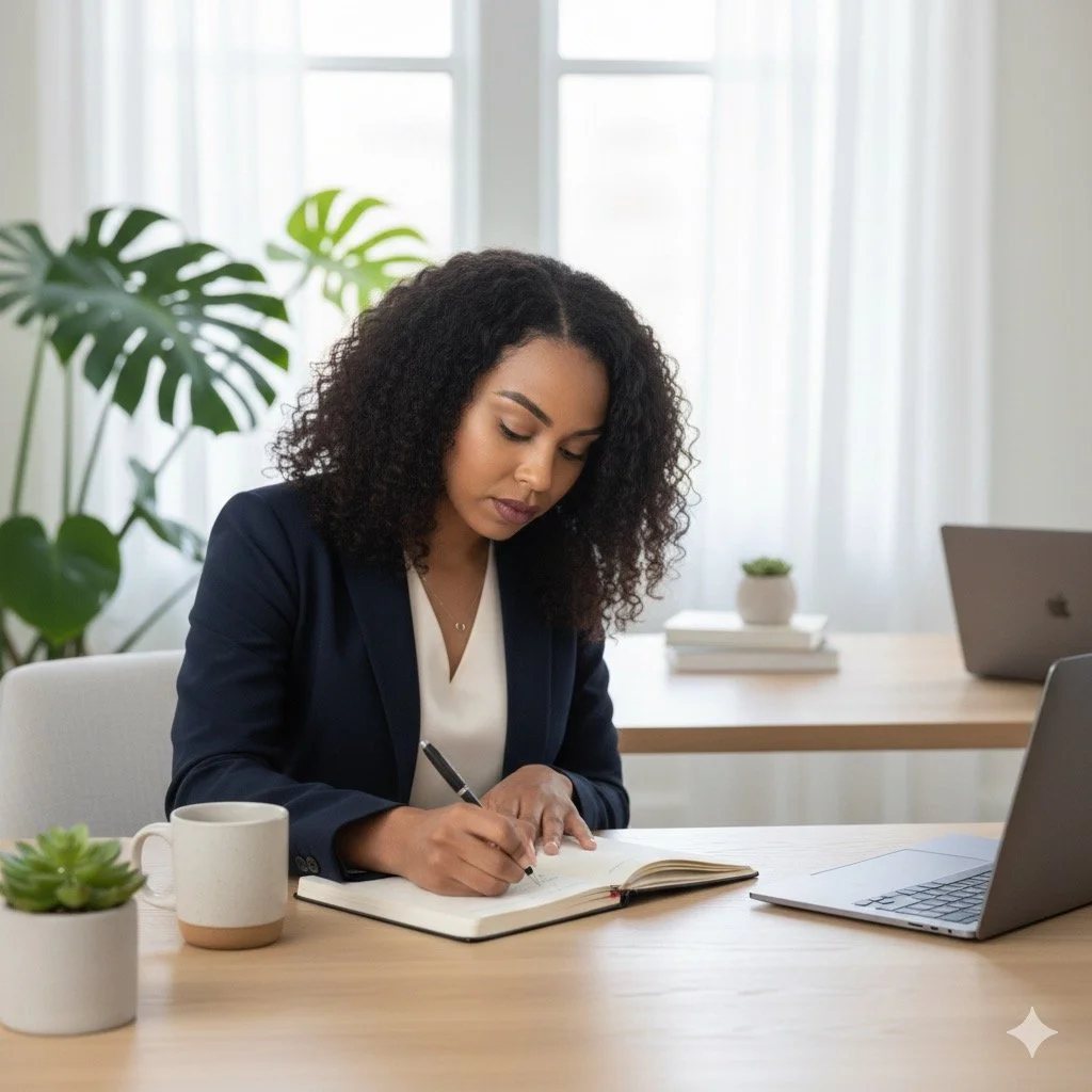 A woman with curly black hair writing in a notebook at a desk with a laptop, plant, and coffee mug, in a bright office with windows and plants in the background.