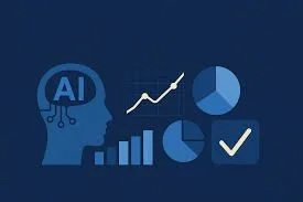 Graphic with a human head silhouette labeled AI, surrounded by charts, a line graph, pie charts, and a checkmark on a blue background.
