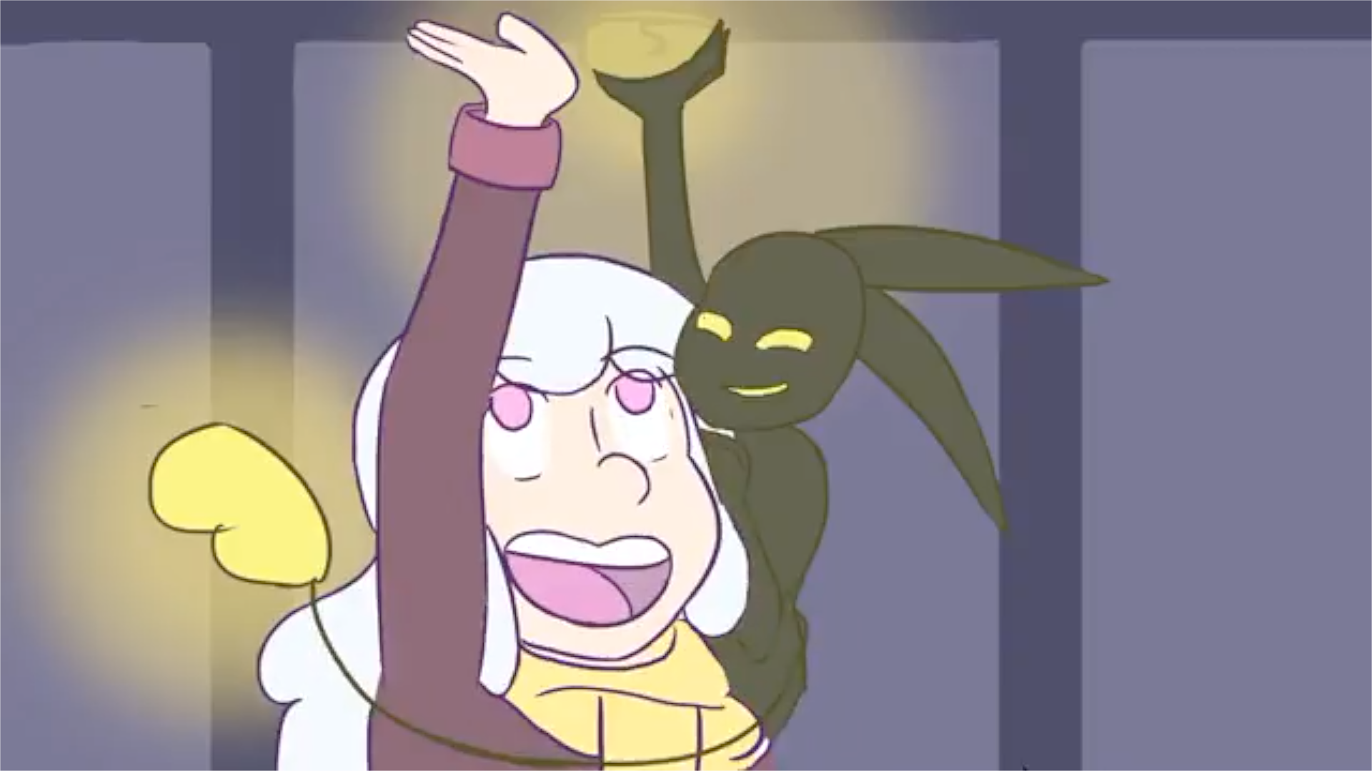 A cartoon character with white hair and pink eyes smiling and raising an arm, accompanied by a small, dark cartoon creature with long ears and yellow markings, in a dimly lit room.