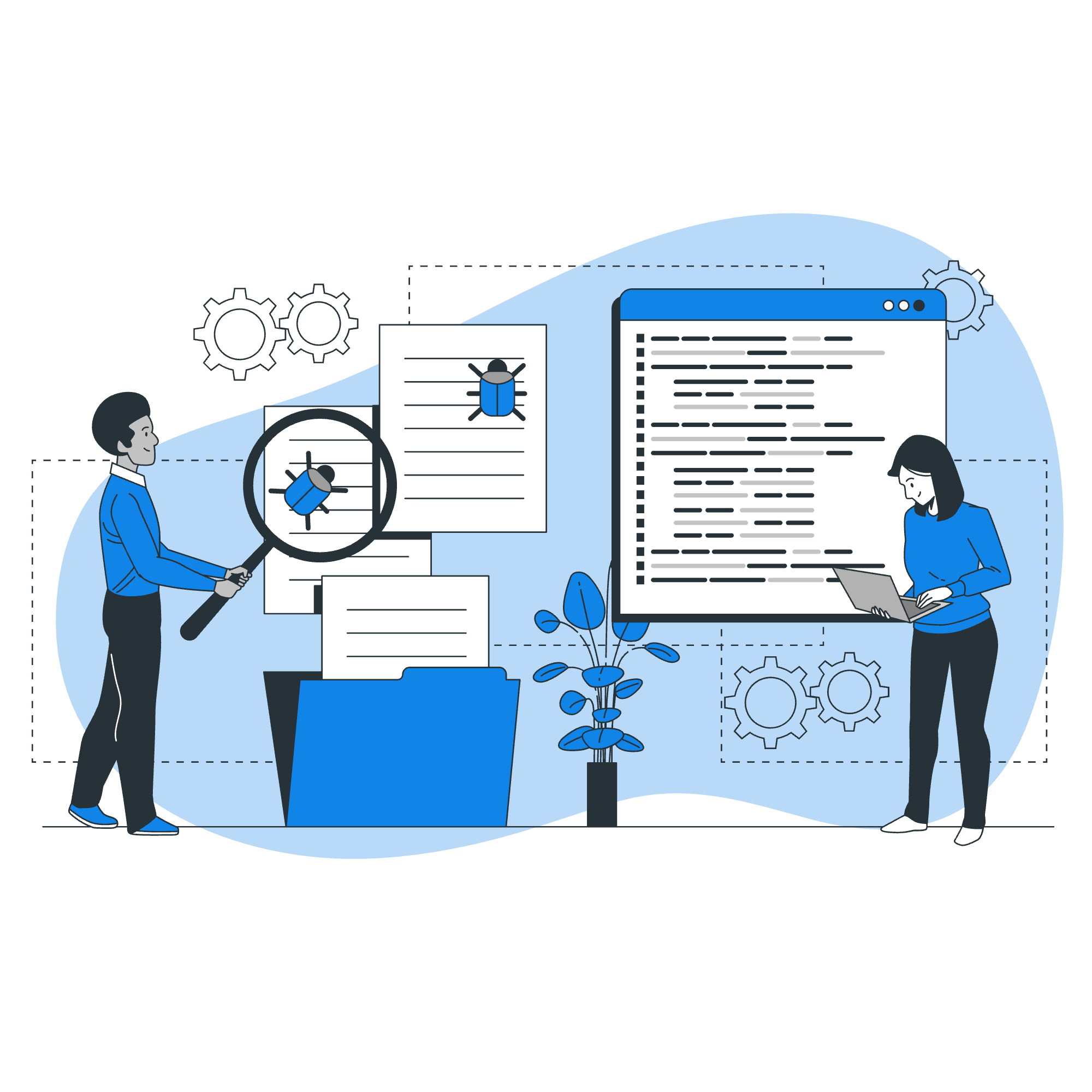 Illustration of two people analyzing or working on bug detection and code review, with software window, documents, and gears, in shades of blue and black.