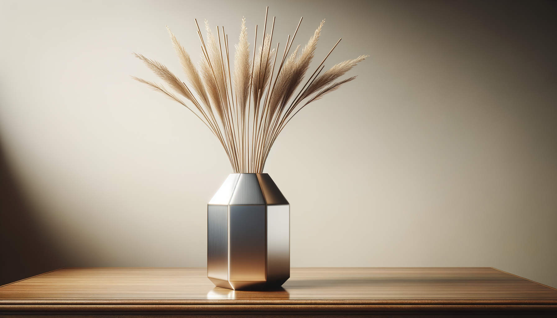 A geometric, metallic vase with dried pampas grass on a wooden surface.