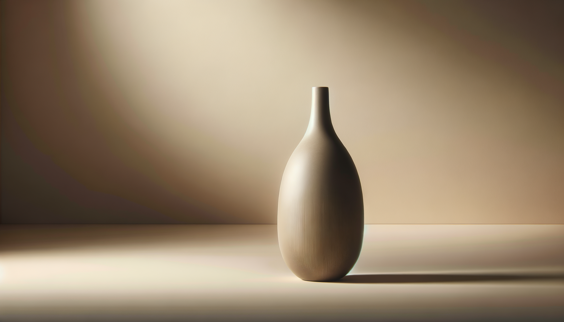 A minimalist beige ceramic vase with a narrow neck and slightly textured surface, placed on a surface with sunlight casting a shadow to the right.