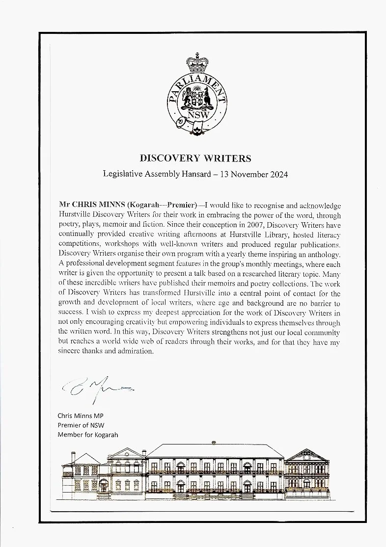 Official letter from the Parliament of New South Wales recognizing Discovery Writers, dated November 13, 2024, featuring the NSW parliament emblem at the top, a signature at the bottom, and a line drawing of historic government buildings at the footer.