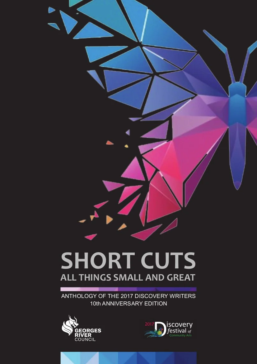 A colorful, geometric butterfly on a black background, with text promoting an anthology of short stories and literary events.