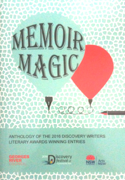 Cover of the book titled "Memoir Magic," an anthology of 2016 discovery writers literary awards-winning entries, with a light teal background, a red balloon, and various logos.