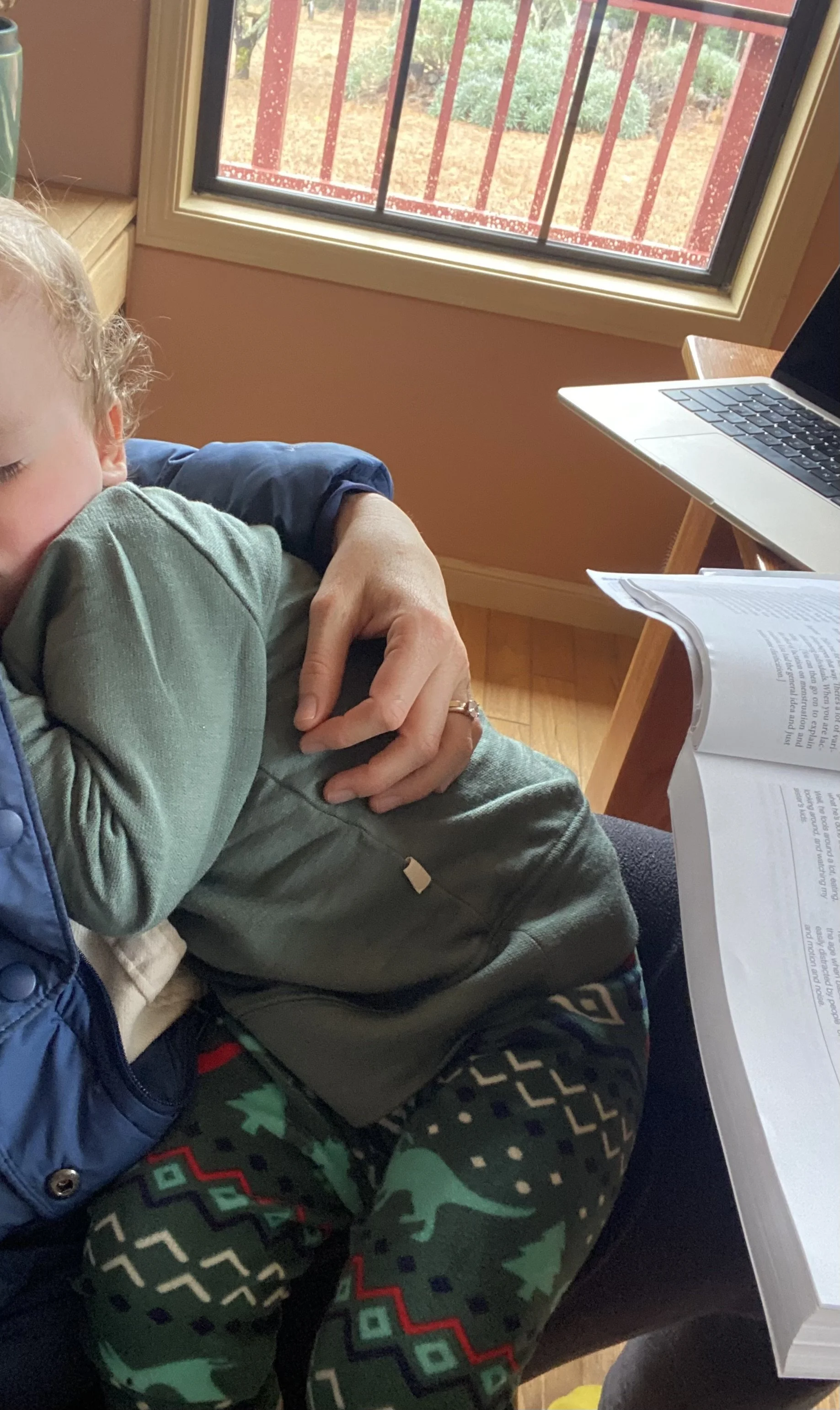 A person sitting at a desk with a child in their arms, near a window with a red railing outside. The desk has a laptop and an open book.