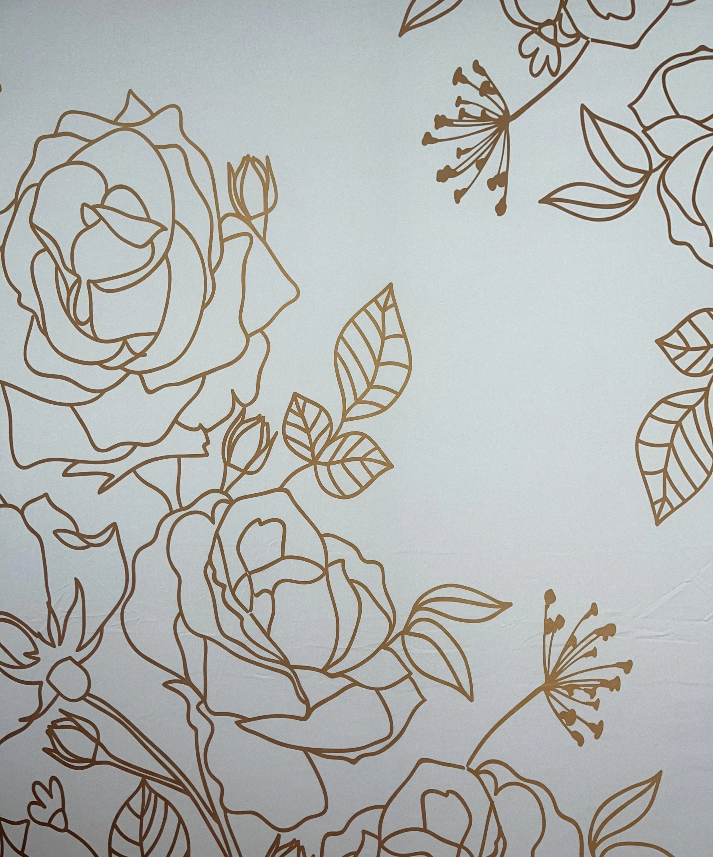 Line drawing of various flowers and leaves on a light background.