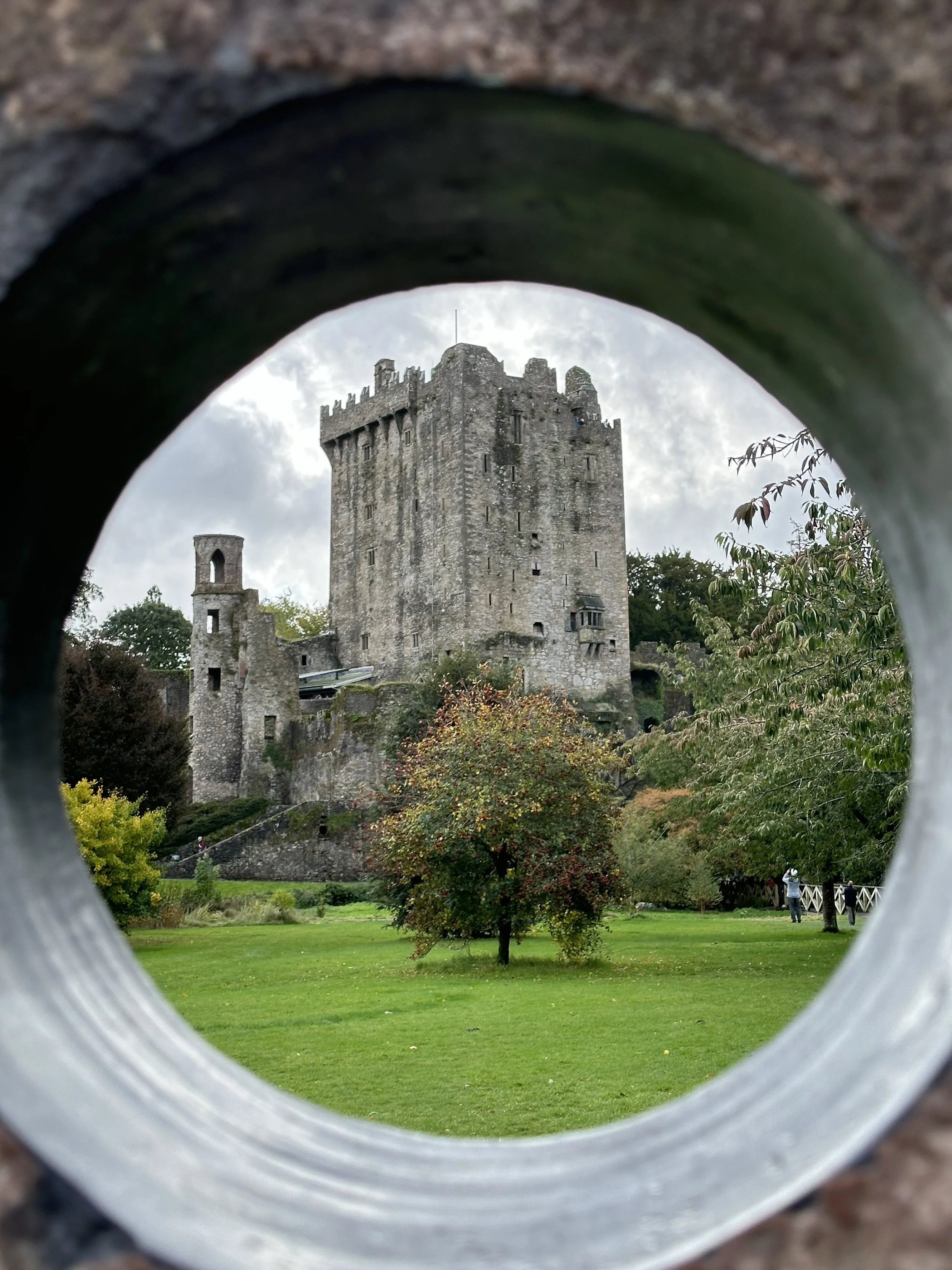 View of a historic stone castle through a circular opening, with greenery and cloudy sky in the background.