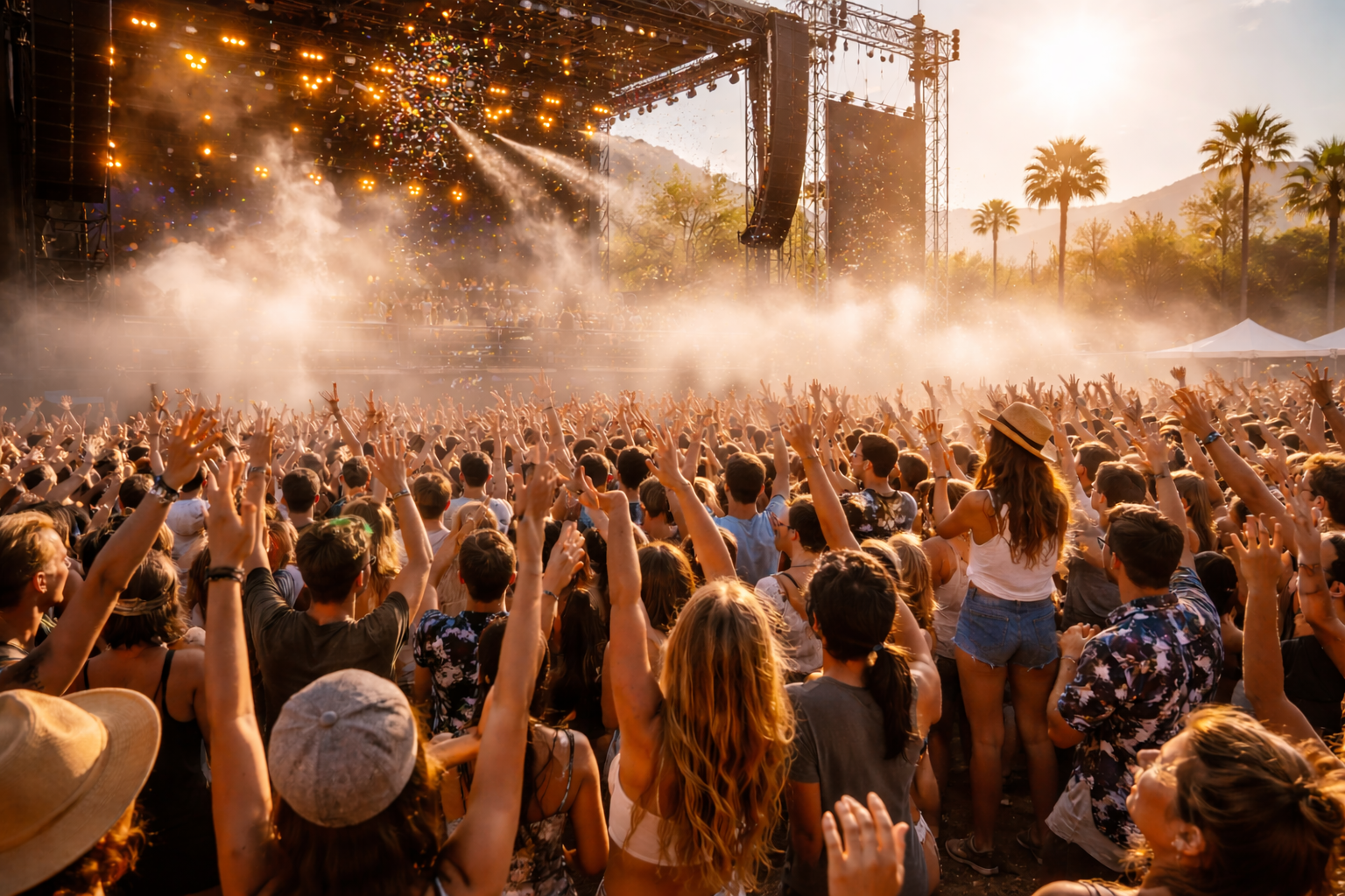 Crowd of people at a music festival during sunset, with stage lights, smoke, and palm trees in the background.