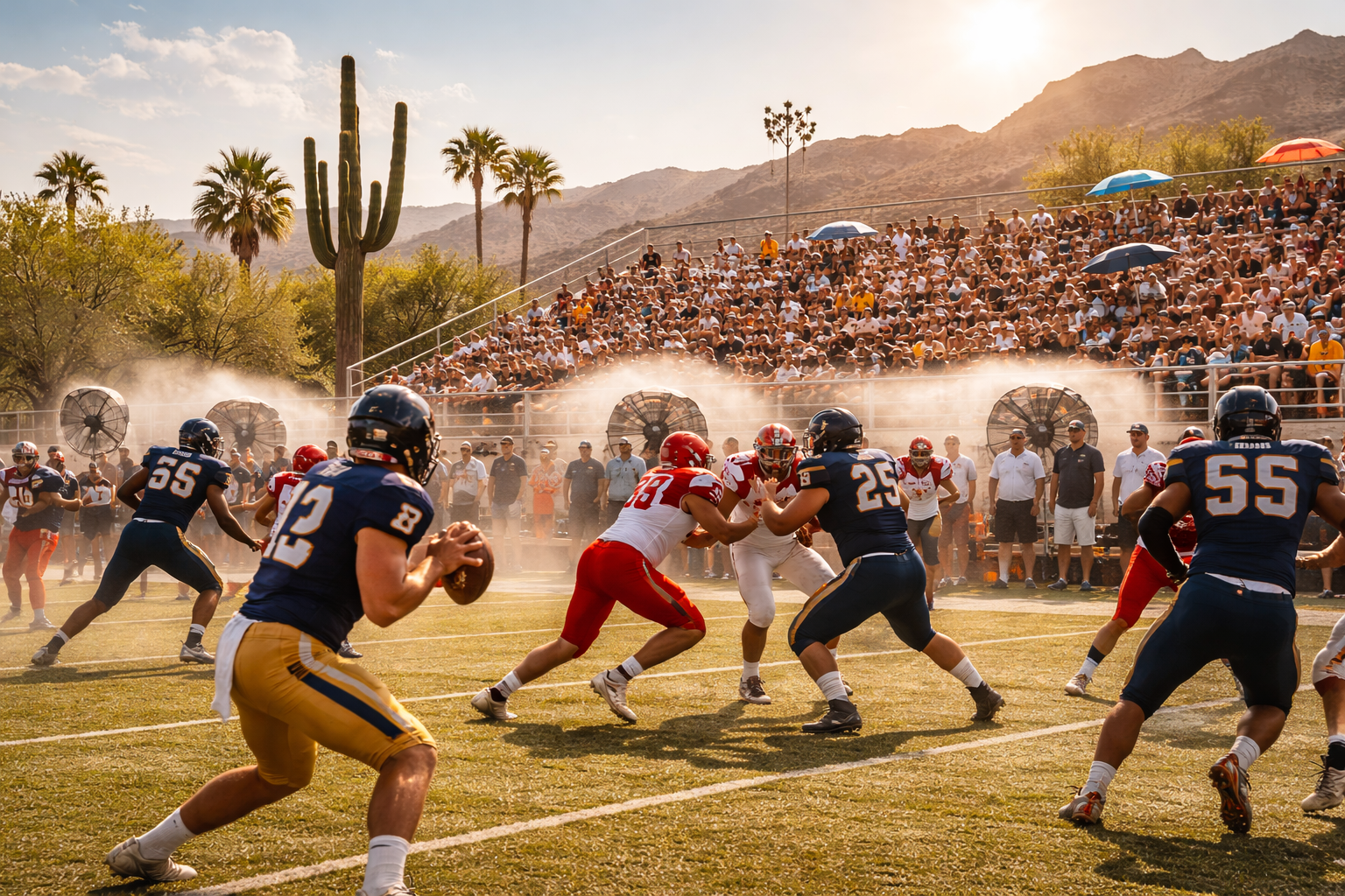 American football game with players in action on the field, crowd watching from the stands, and desert mountains in the background on a sunny day.