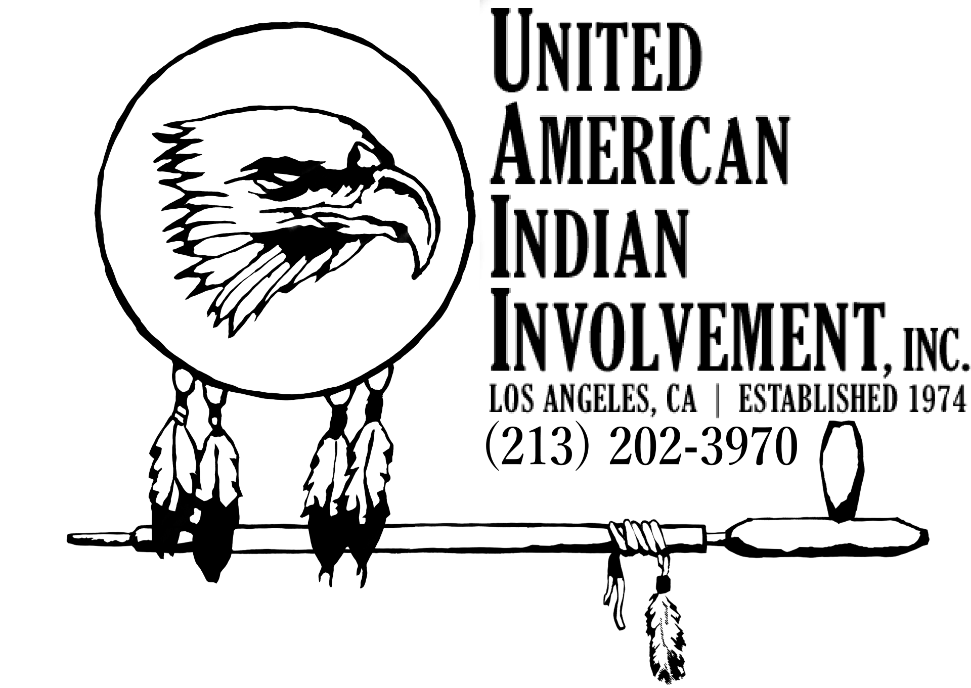 A black and white logo featuring an eagle with a feathered headdress, perched on a T-shaped staff with feathers hanging from it. To the right, the text reads 'United American Indian Involvement, Inc., Los Angeles, CA, Established 1974, phone number (213) 202-3970.'