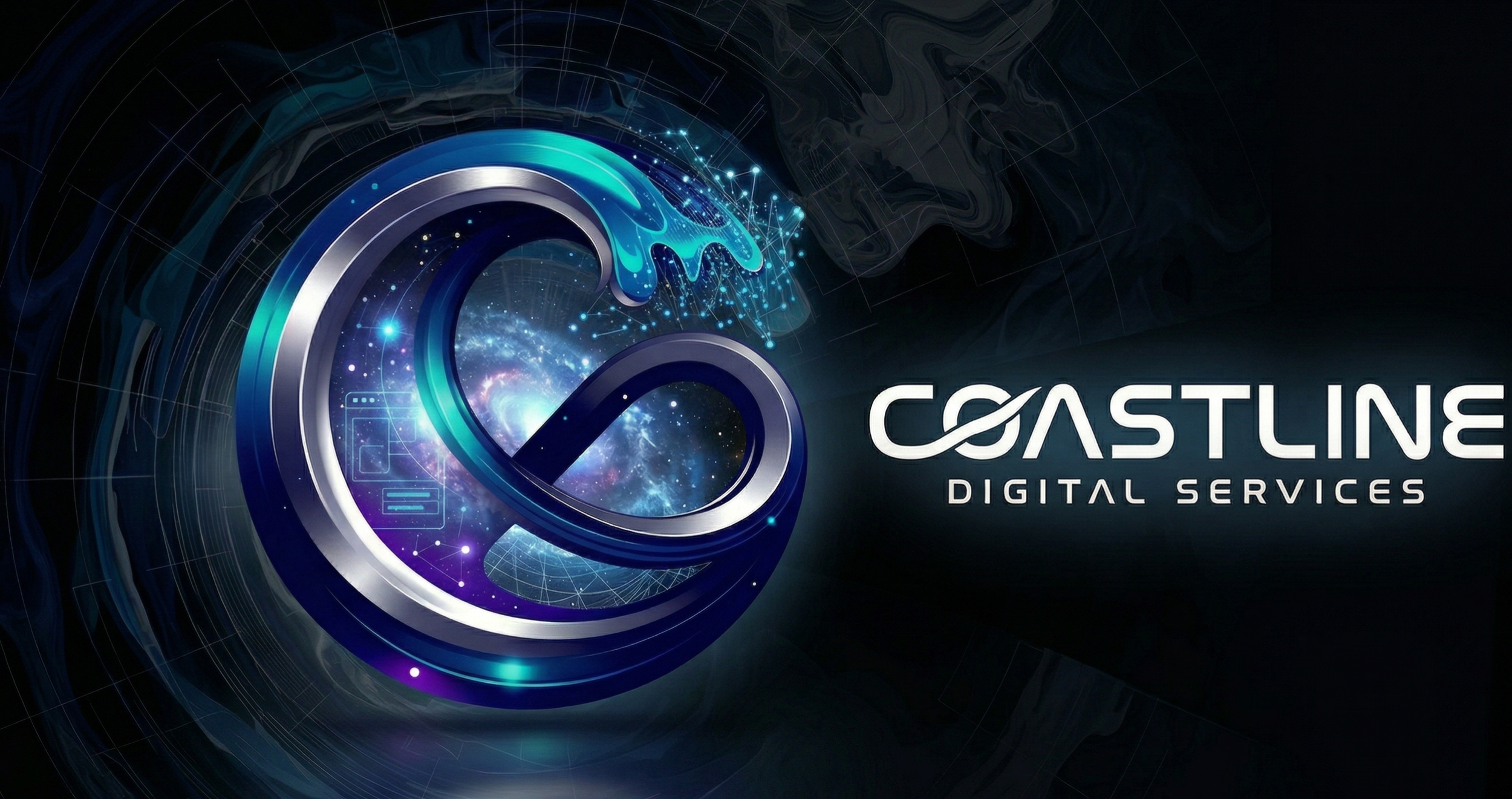 Futuristic digital artwork featuring a stylized logo with an infinity symbol, surrounded by cosmic and technological elements, and the text 'Coastline Digital Services'.