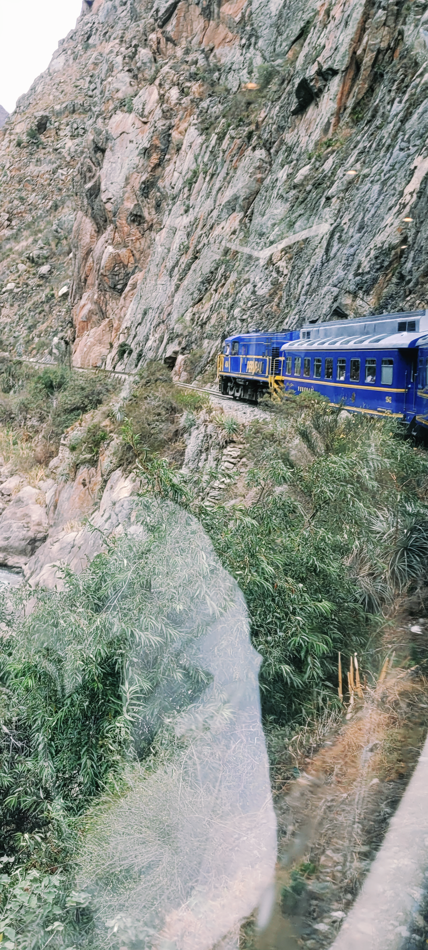 Blue train traveling along a narrow mountain track with rocky cliffs and green shrubbery.