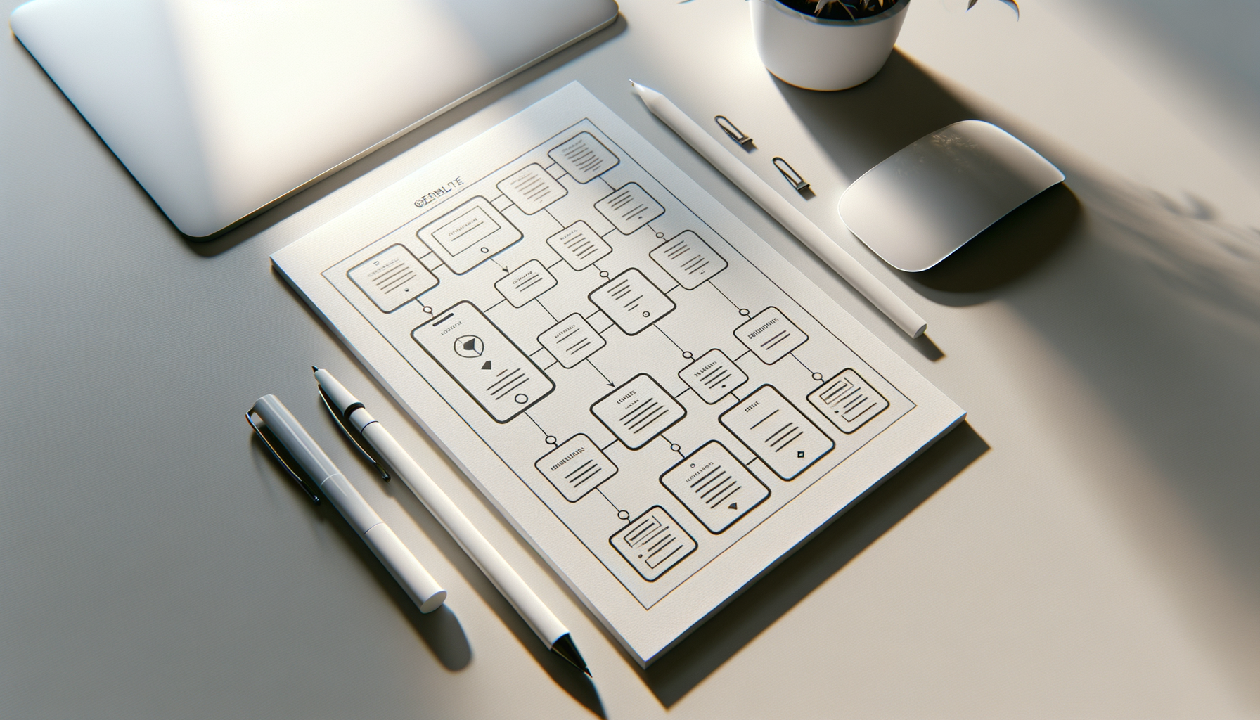 A printed flowchart diagram on a white sheet of paper on a desk, surrounded by a laptop, two pens, a mouse, a pen, and a potted plant. The diagram seems to illustrate a process or workflow with boxes and arrows.