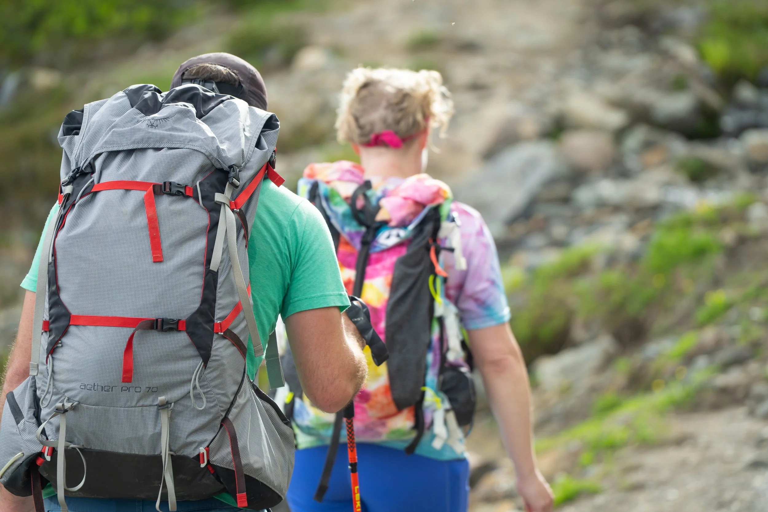 A bride and groom hiking to their elopement at Yellow Aster Butte in the North Cascades. The photo is taken from behind in an alpine meadow and the couples' backpacks are in focus.