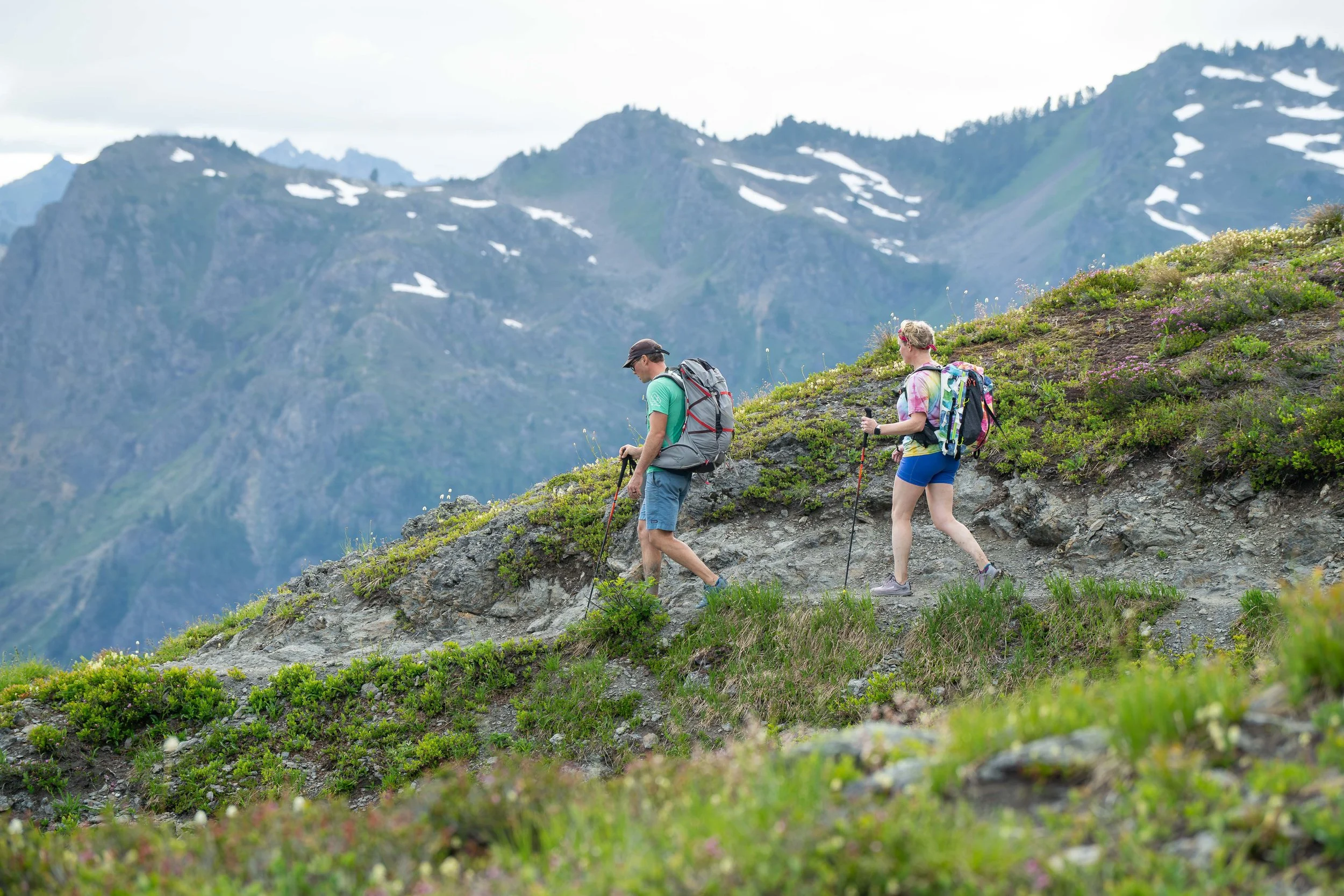 A bride and groom hiking through a subalpine meadow on the Yellow Aster Butte trail in the North Cascades, with snowy mountains visible behind them.