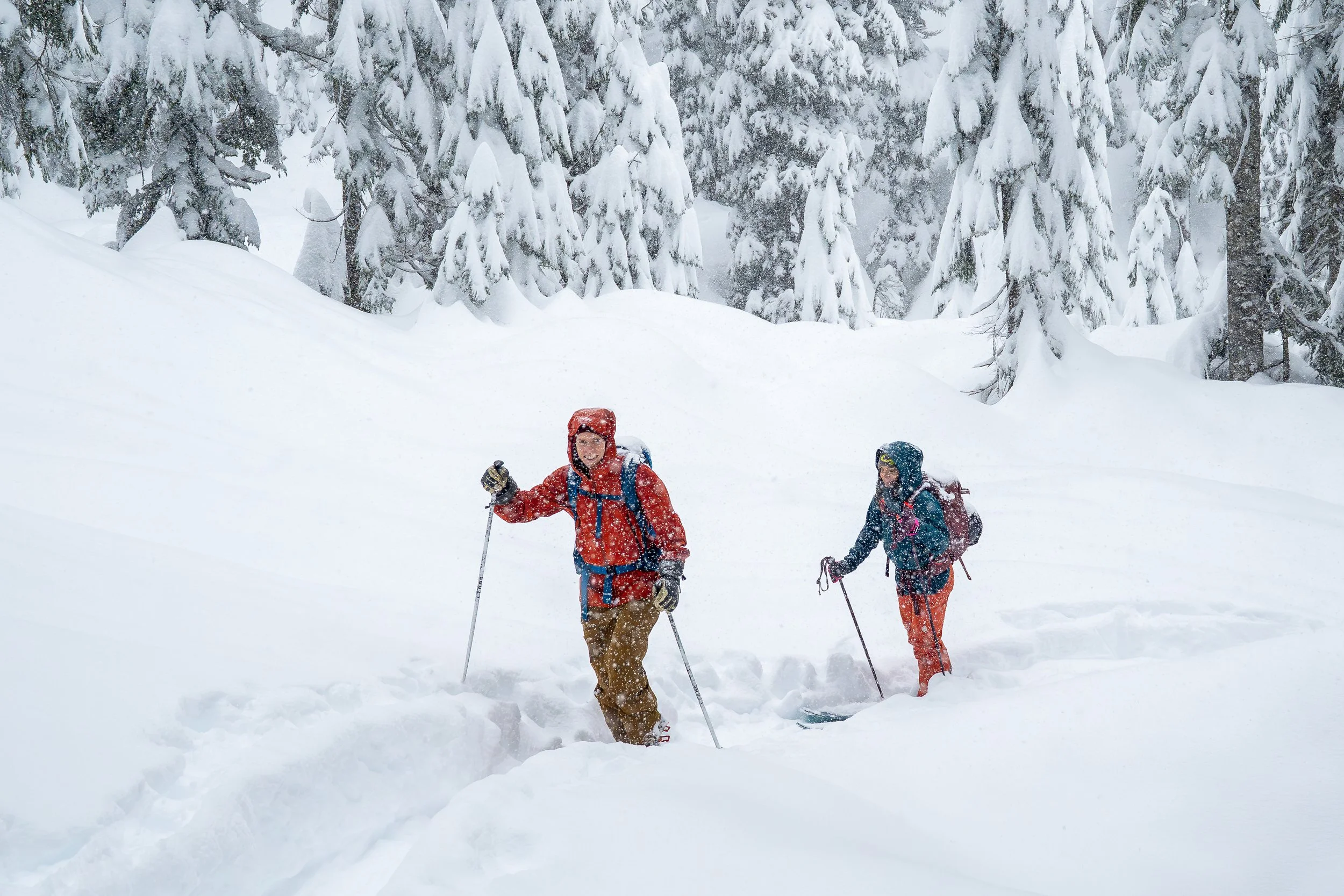 A photo of a couple skinning uphill on backcountry skis in a snowy forest. It's snowing and the skin track is knee deep.