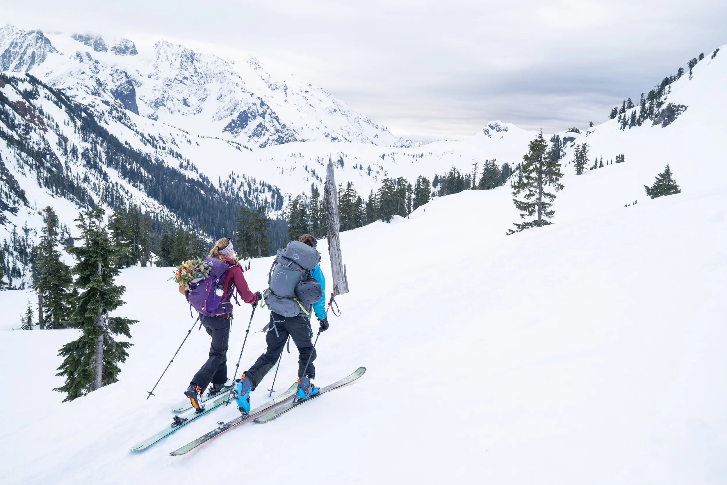 A couple skinning towards their backcountry ski elopement at Heather Meadows in winter. The bride has a bouquet strapped to her backpack. The couple is in a snowy subalpine landscape near Artist Point.