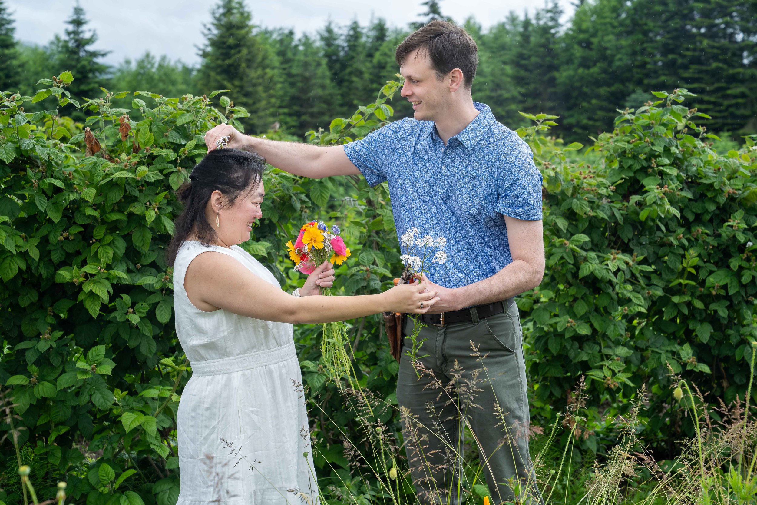 A bride and groom during an elopement photography session in Bellingham, Washington. They are standing in a field with raspberry bushes behind them, and the groom is putting flowers in the bride's hair.