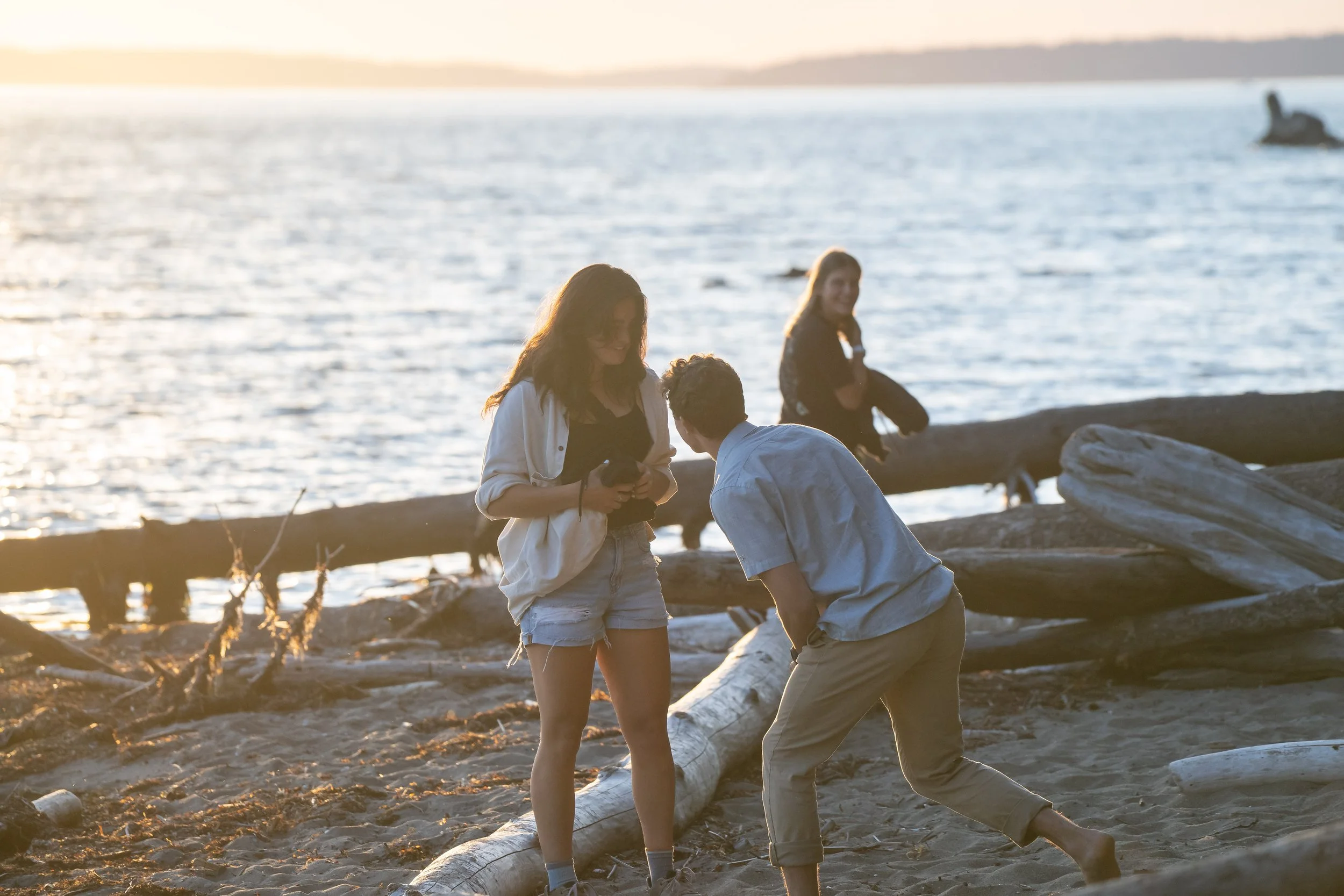 A photo of a young man getting down on one knee to propose to his girlfriend. They're on the beach at Clayton Beach, framed by driftwood and the water at sunset.