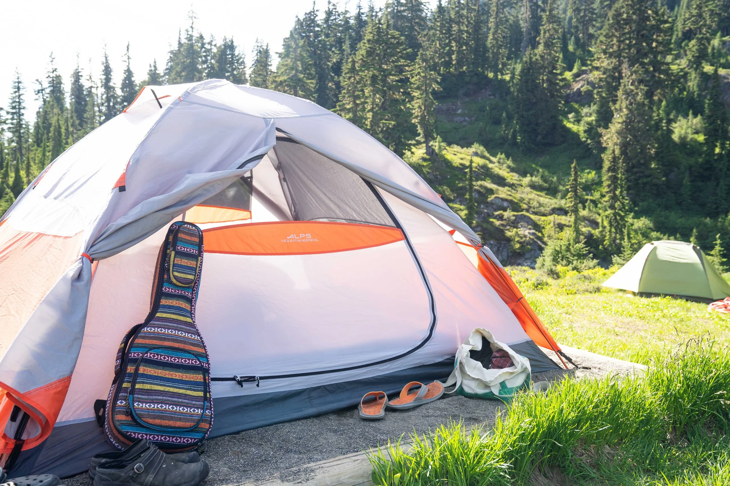 A pitched tent in a subalpine meadow in the Washington Cascades. A guitar case is leaning against the outside of the tent.