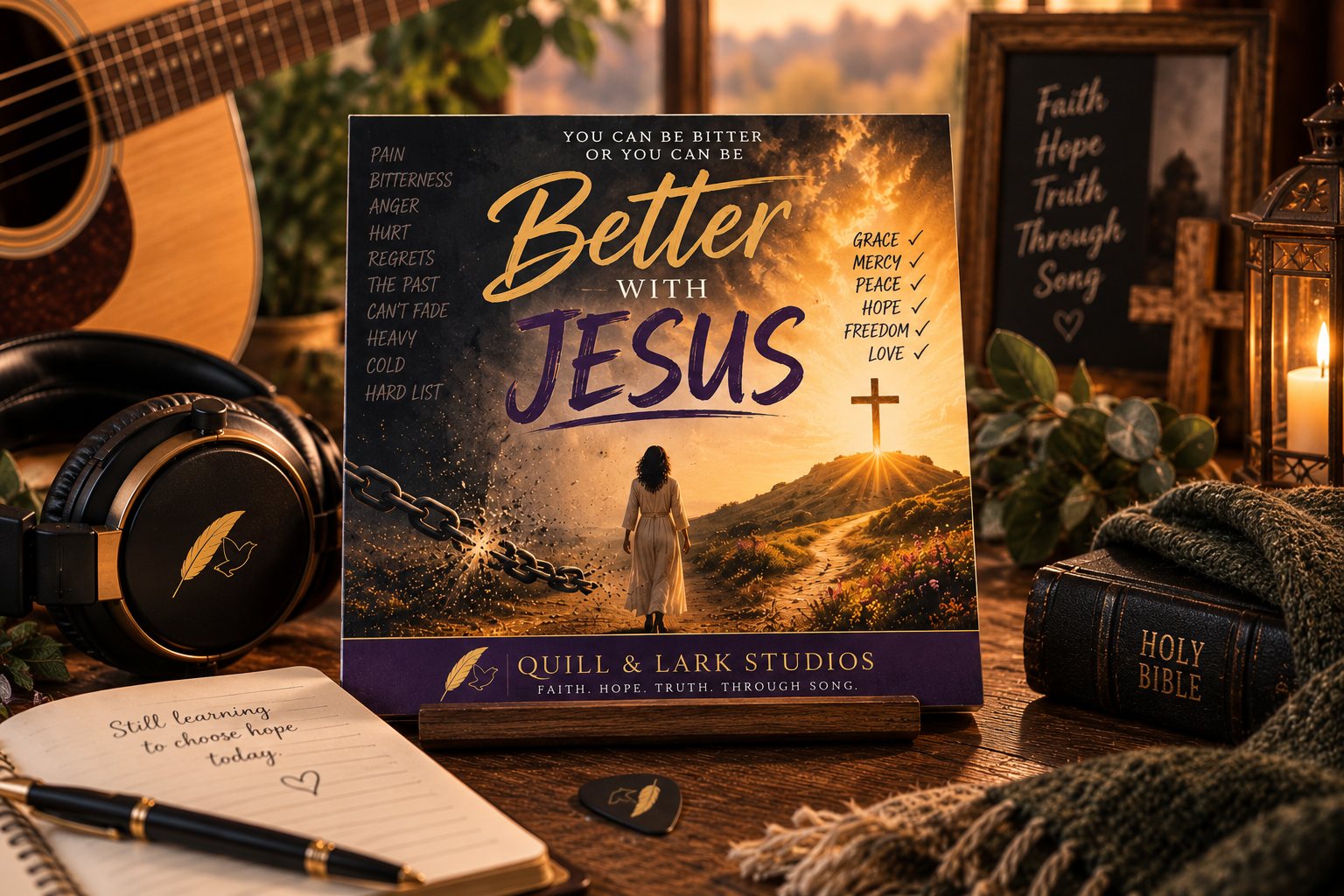 A religious-themed display featuring a poster titled 'Better with Jesus' with an image of a woman walking toward a cross on a hill at sunset, surrounded by items such as a Holy Bible, a notebook with a pen, headphones, and decorative candles and leaves.