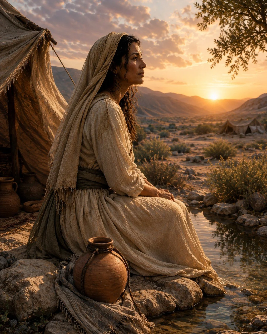A woman in ancient, beige clothing sitting by a small stream with a tent behind her, during sunset in a desert landscape.