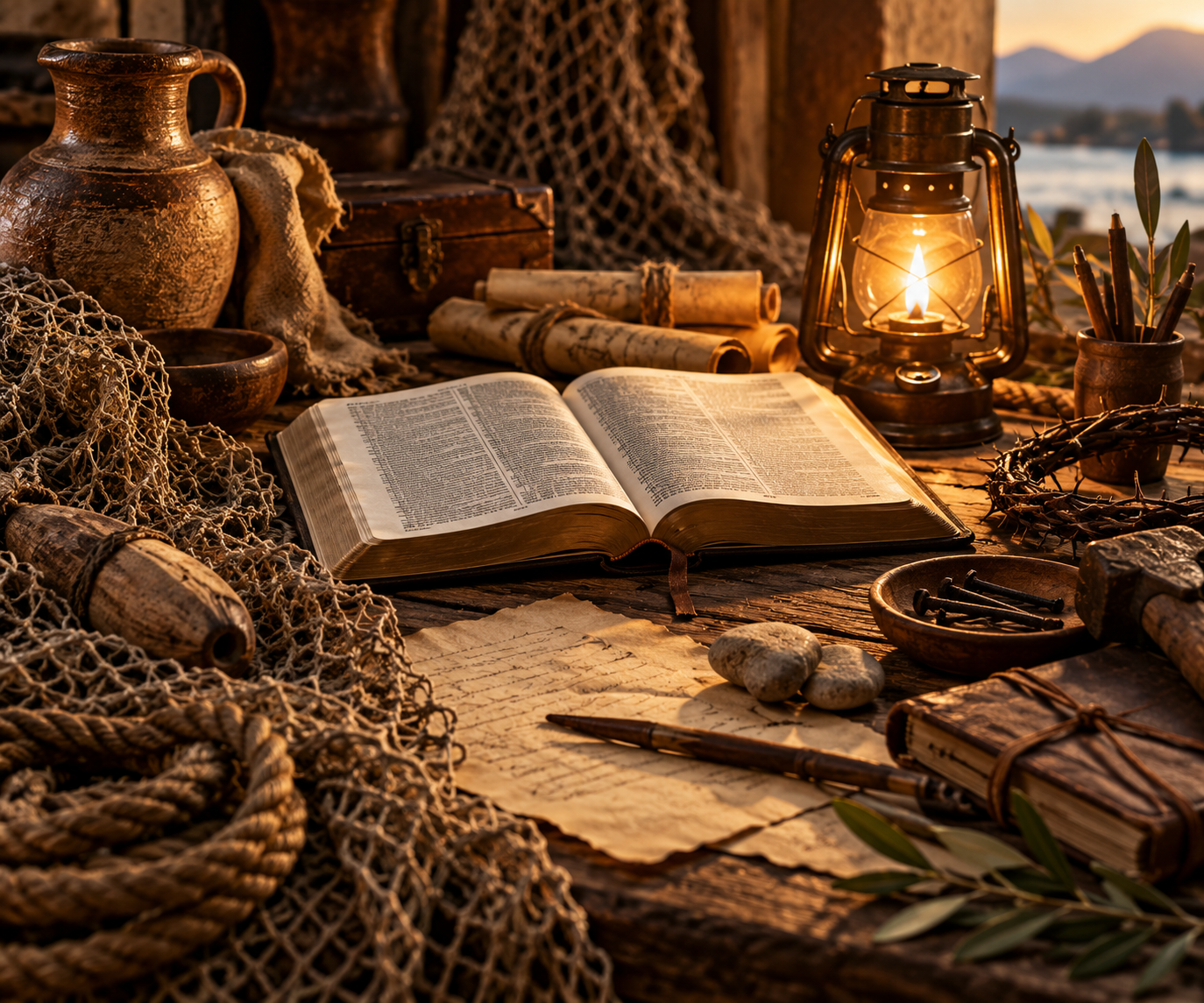 Old nautical-themed scene with an open book, rolled papers, rope, shells, wooden boxes, a lantern, and writing tools on a rustic wooden table near a body of water at sunset.