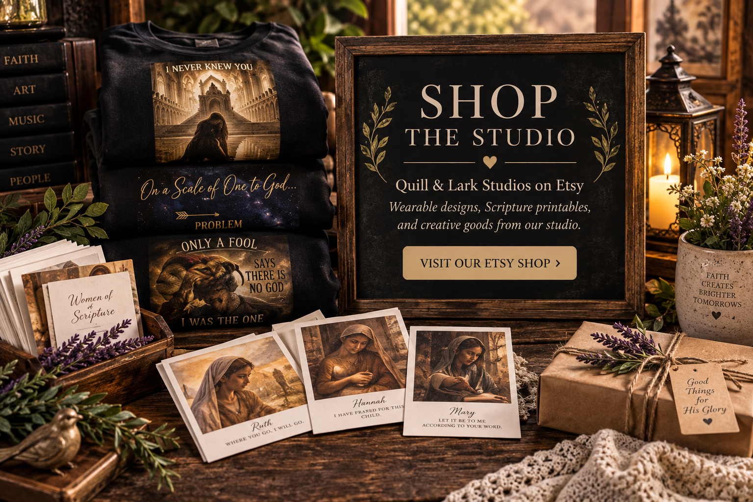 Display of faith-themed merchandise including T-shirts with religious quotes, devotional cards with images of women from scripture, a chalkboard sign inviting to shop the studio's Etsy shop with wearable designs and scripture prints, floral arrangements, a candle, and a wrapped gift with sprigs of lavender.