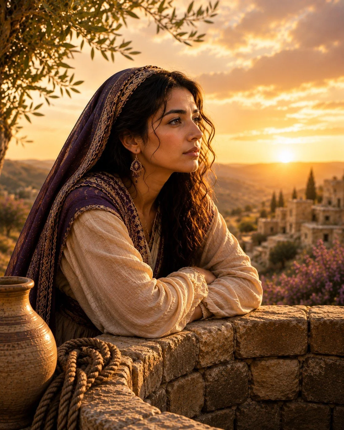 A woman with dark, curly hair and earrings gazes pensively at sunset, leaning on a brick wall with a clay pot and rope nearby, with a hillside town and flowering bushes in the background.