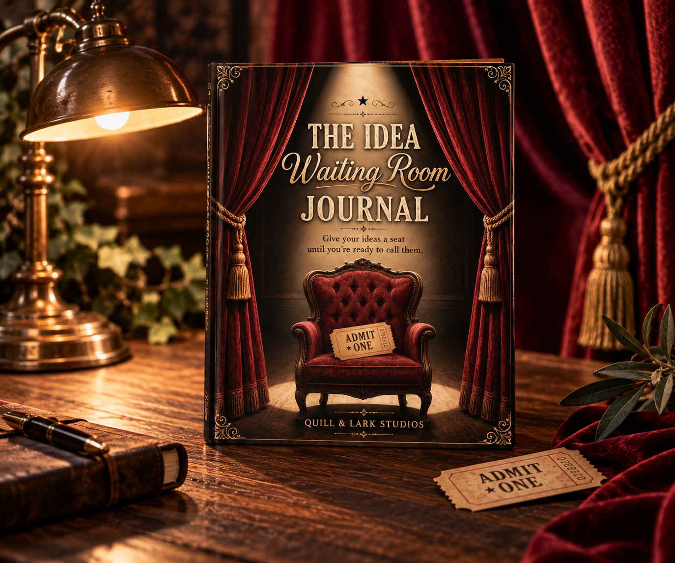 A  journal titled 'The Idea Waiting Room Journal' with a red velvet armchair on its cover, set on a wooden desk with a brass lamp, a pen, an ivy plant, and a matching admit one ticket, all behind red velvet curtains.