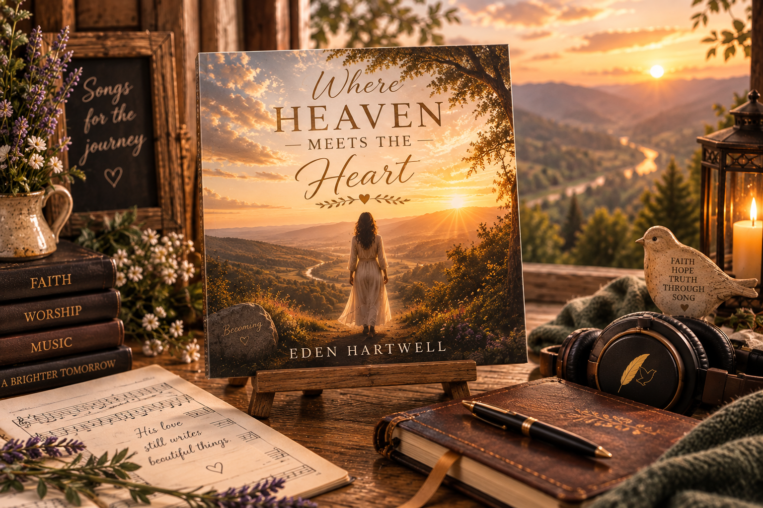 A book titled 'Where Heaven Meets the Heart' by Eden Hartwell, featuring a woman walking on a path during sunset in a scenic landscape. Surrounding items include a small chalkboard sign, several books, a notebook, some flowers, a bird figurine with inspirational words, a candle, and headphones, all arranged on a wooden surface with a view of mountains and a river.