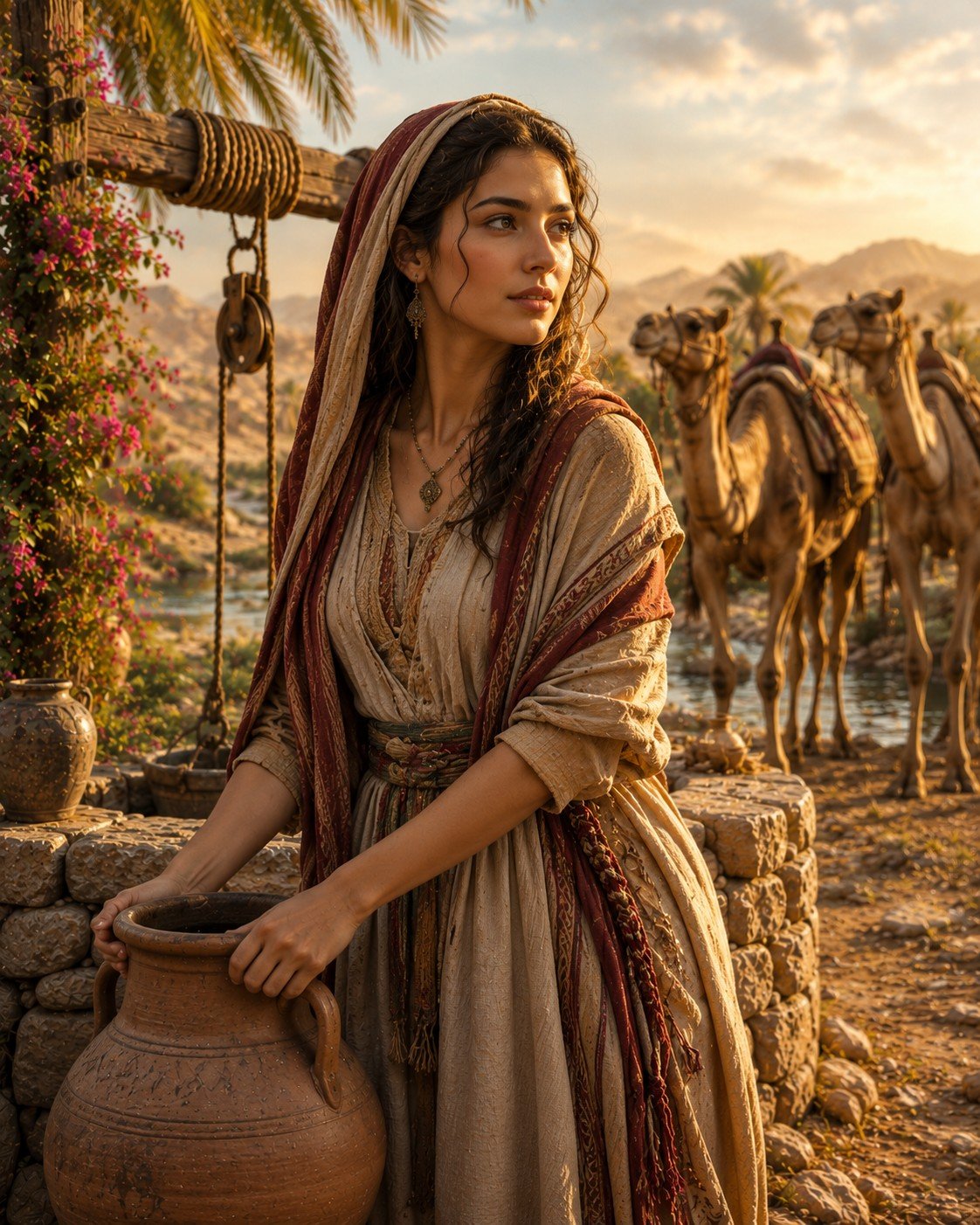 A young woman dressed in ancient Middle Eastern attire holds a large clay jar, with camels in the background during sunset.