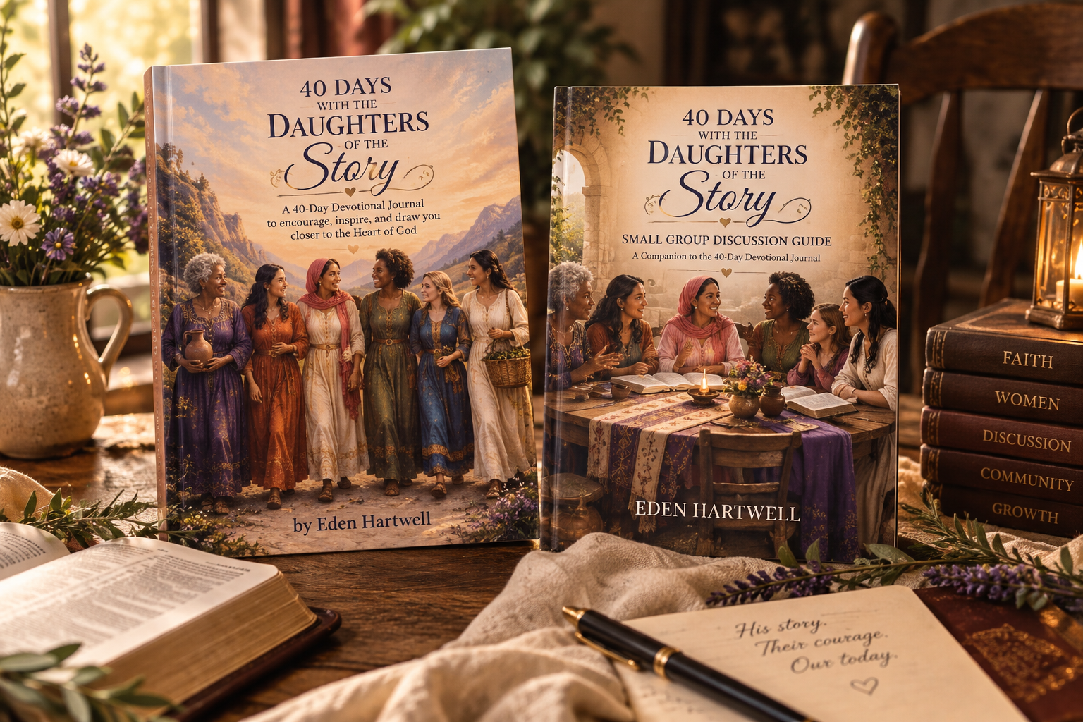Two books titled "40 Days with the Daughters of the Story" by Eden Hartwell on a wooden table. One book shows a group of women walking outdoors, and the other shows women gathered around a table indoors. Surrounding items include an open Bible, a pen, a stack of books, a lantern, and floral decorations.