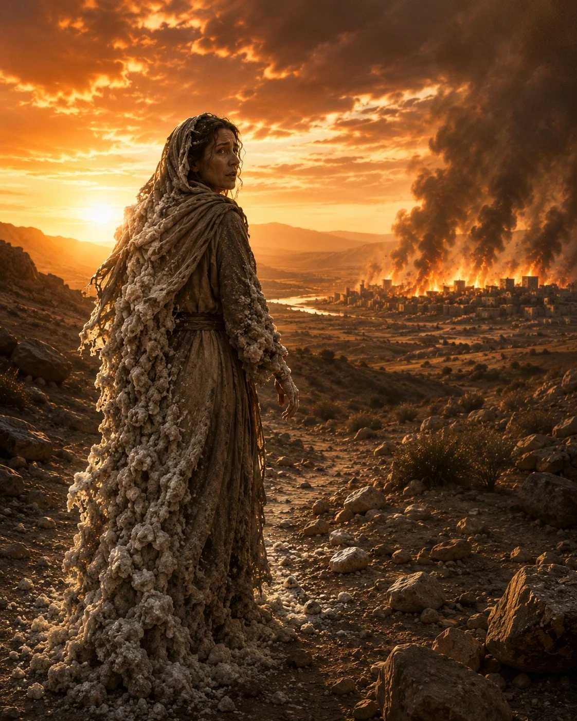 A woman dressed in a weathered, earth-toned cloak with a hood, standing on a rocky hillside at sunset, overlooking a city with smoke rising from fires in the background.