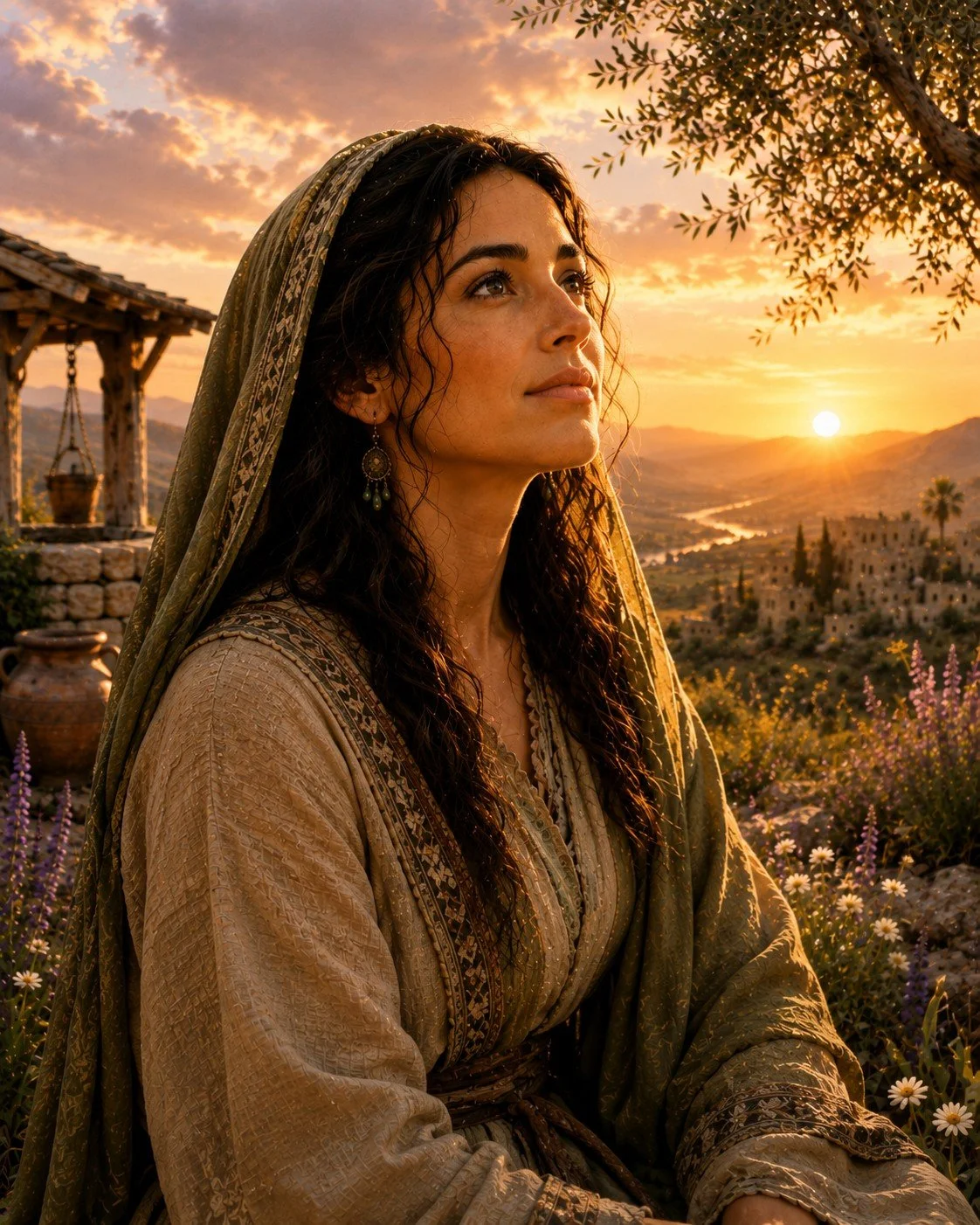 A woman with long curly hair and earrings, dressed in historical or fantasy-style clothing, sitting outdoors during sunset with a landscape of hills, trees, and a river in the background.