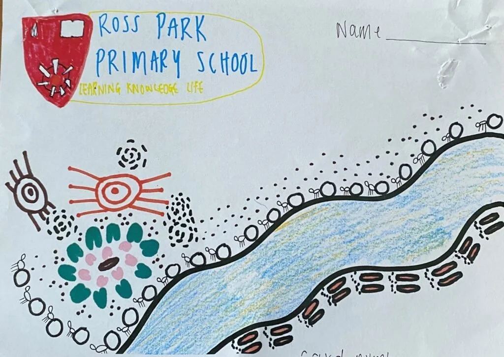 Child's drawing with the title 'Ross Park Primary School', a red school crest, and a colorful landscape featuring a river, trees, and various patterns representing nature.