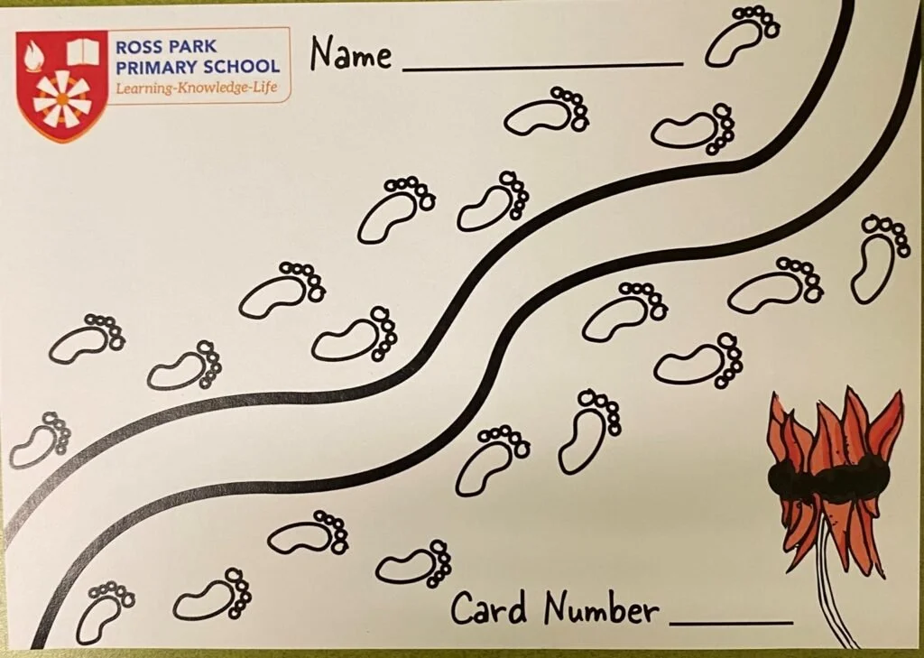 A school walk-a-thon tracking sheet from Ross Park Primary School with space for a student's name and card number. The sheet features print footprints for children to mark their progress and an illustration of a fire in the bottom right corner.