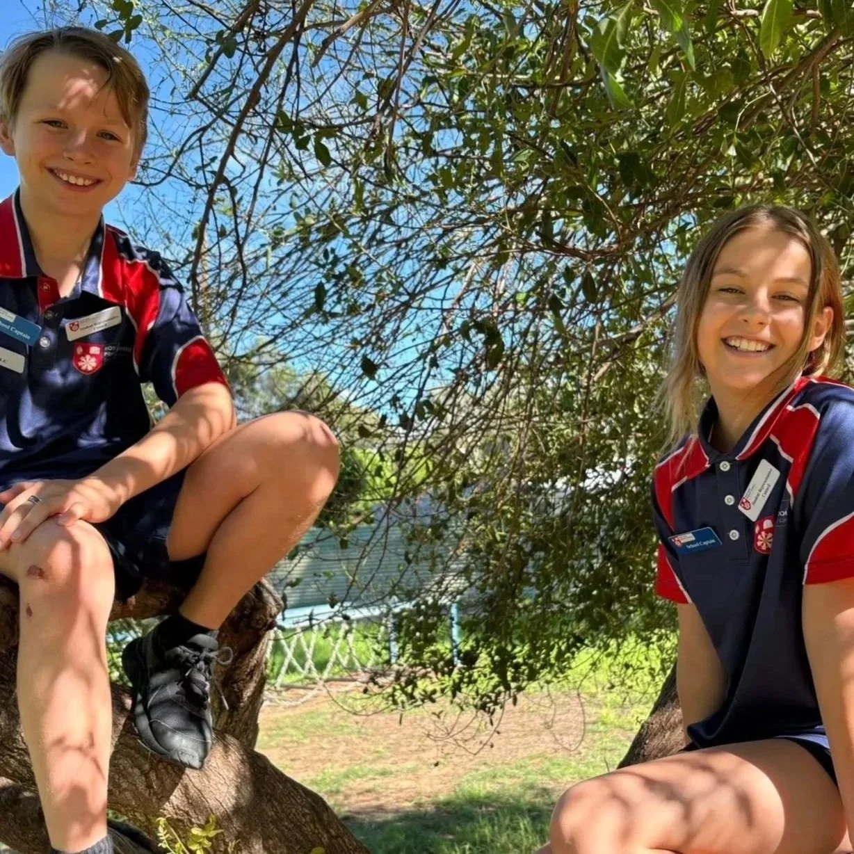 Two smiling young women in scout uniforms outdoors near a tree, with a blue sky and lush greenery in the background.