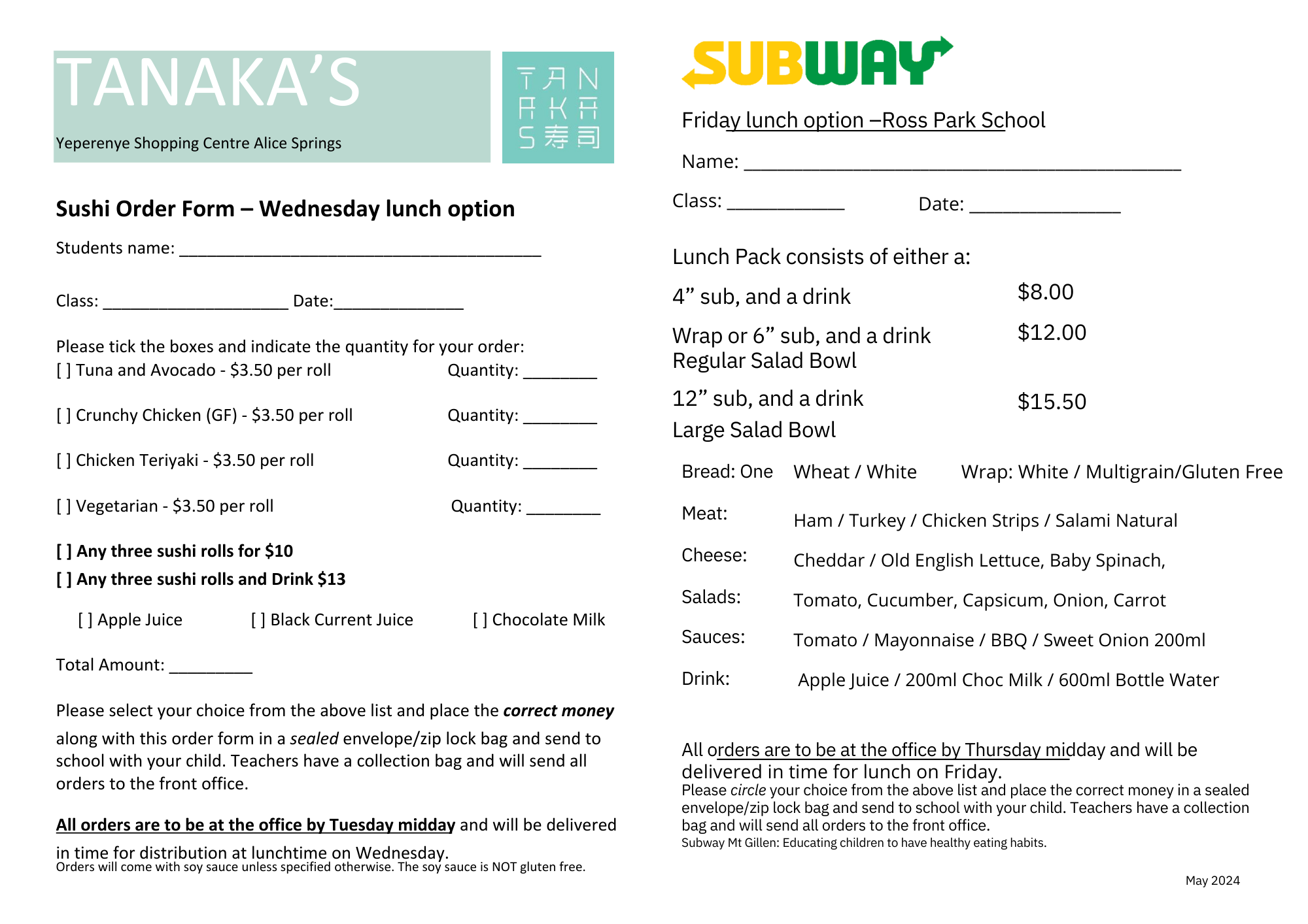 A school lunch order form for a sushi Wednesday lunch at Tanaka's in Alice Springs, with sections for student name, class, date, and order details, including options for different sushi rolls, drinks, and salads.