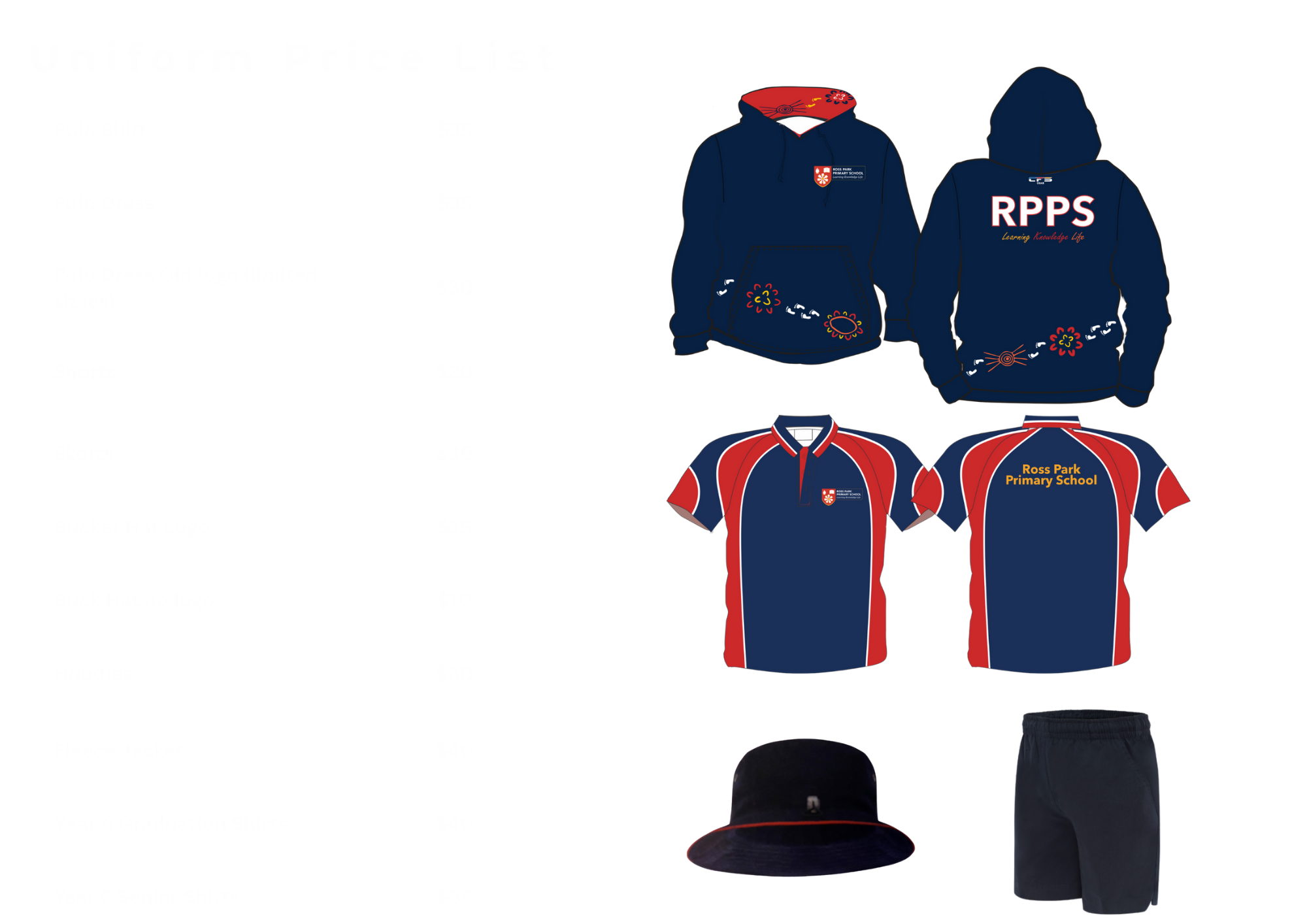 Navy blue hoodie with red and white accents, featuring the Ross Park Primary School logo and colorful flower embroidery detail, paired with navy blue shorts and a black cap.